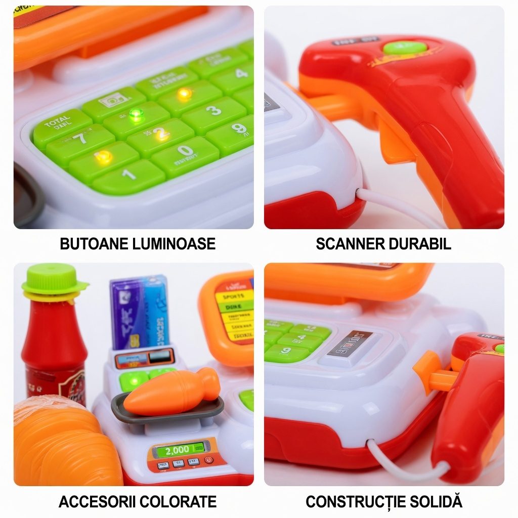Casa De Marcat Pentru Copii Cu Accesorii Magazin, Jucarie Interactiva Cash Register Cu Scanner, Calculator Si Produse Alimentare, Set Supermarket Cu Sunete Si Butoane, Joc De Rol Vanzator Cumparator Copii 3+ Ani, Multicolor
