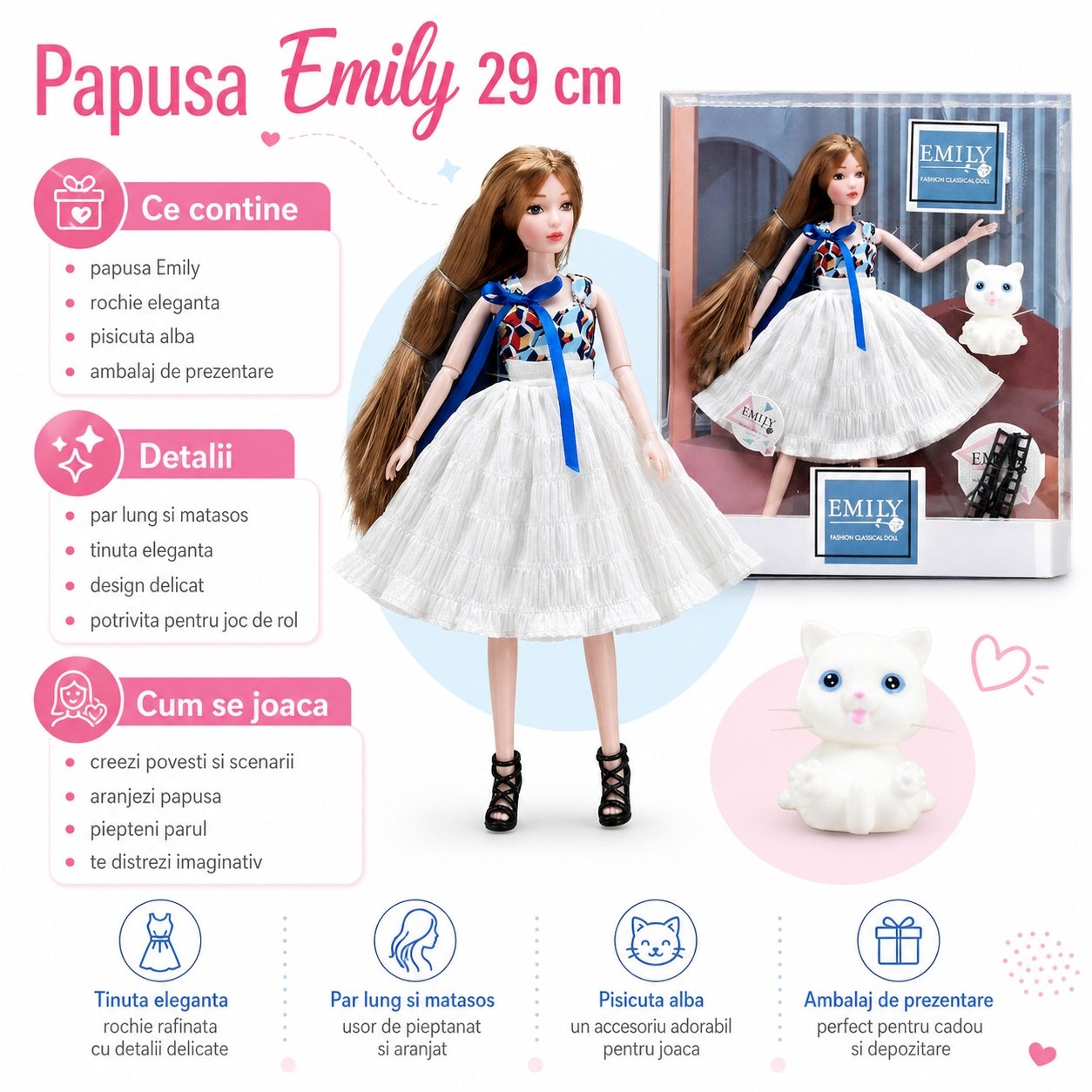 Papusa Emily 29 cm pentru Copii, Papusa Fashion Eleganta cu Rochie si Accesorii Incluse, Jucarie pentru Fete cu Par Lung pentru Coafat si Styling, Papusa de Colectie pentru Joaca, Cadou Ideal pentru Fetite 3+ Ani, Multicolor 2
