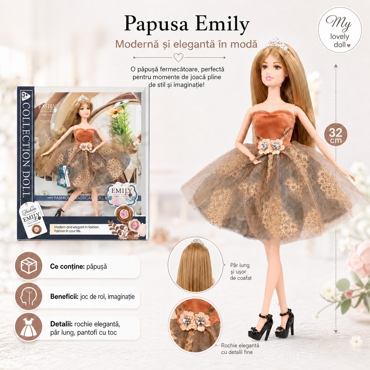 Papusa Emily Collection 32 cm pentru Copii, Papusa Fashion Eleganta cu Rochie Maro Auriu cu Model Floral si Accesorii, Model Premium de Colectie cu Par Lung pentru Coafat, Cadou Special pentru Fetite 3+ Ani 2