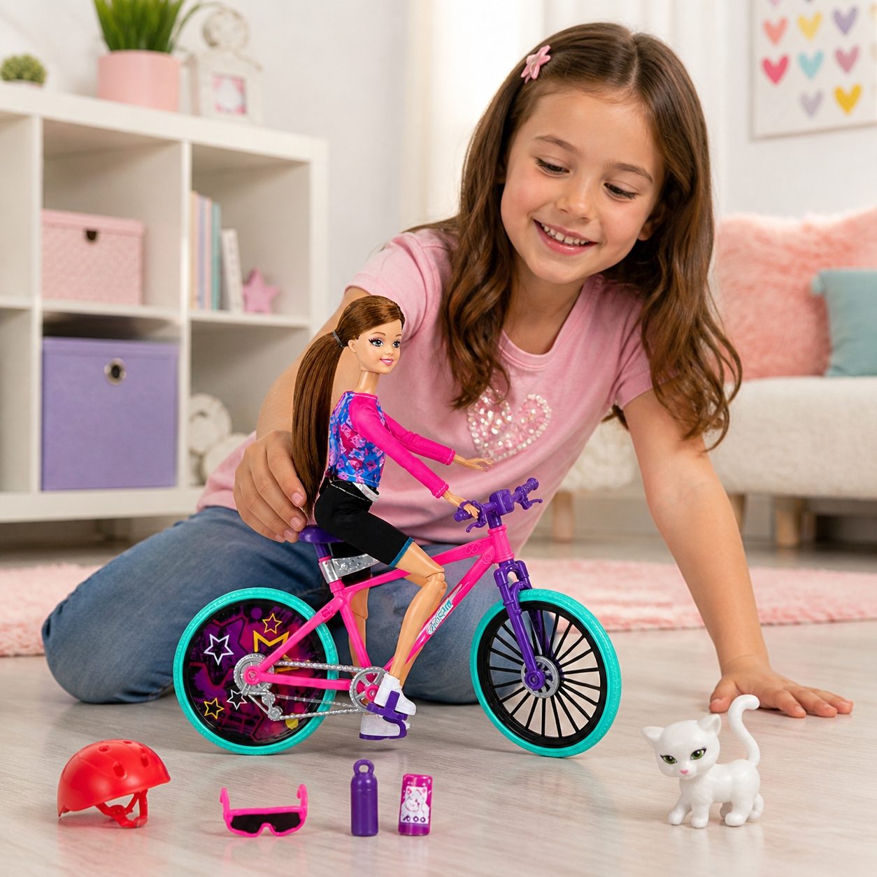 Papusa Sasha 33 cm cu Bicicleta pentru Copii, Papusa Sport cu Accesorii Ciclism Casca si Animalut, Set Jucarie Fashion cu Bicicleta pentru Joaca si Colectie, Cadou Ideal pentru Fetite 3+ Ani, Roz 4