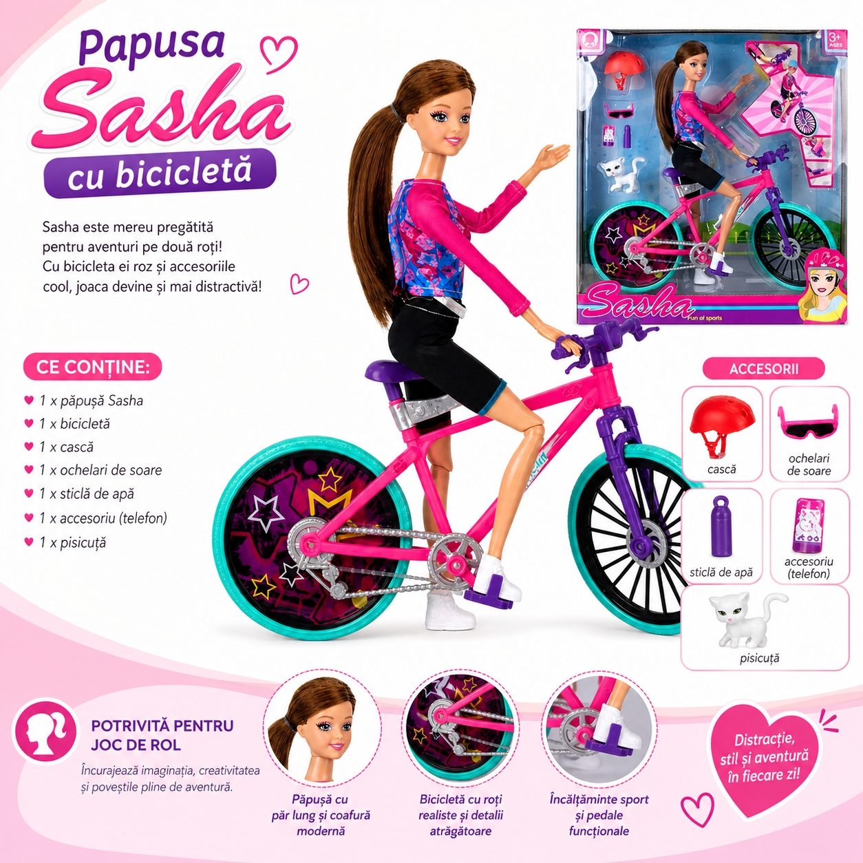 Papusa Sasha 33 cm cu Bicicleta pentru Copii, Papusa Sport cu Accesorii Ciclism Casca si Animalut, Set Jucarie Fashion cu Bicicleta pentru Joaca si Colectie, Cadou Ideal pentru Fetite 3+ Ani, Roz 2