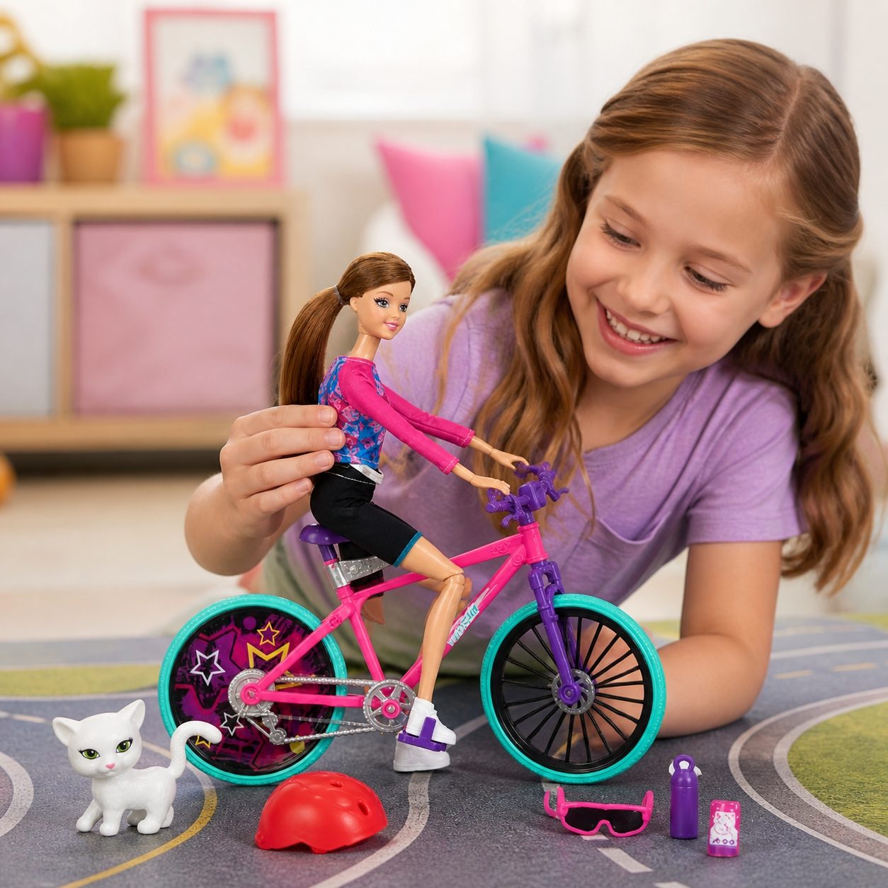 Papusa Sasha 33 cm cu Bicicleta pentru Copii, Papusa Sport cu Accesorii Ciclism Casca si Animalut, Set Jucarie Fashion cu Bicicleta pentru Joaca si Colectie, Cadou Ideal pentru Fetite 3+ Ani, Roz 3