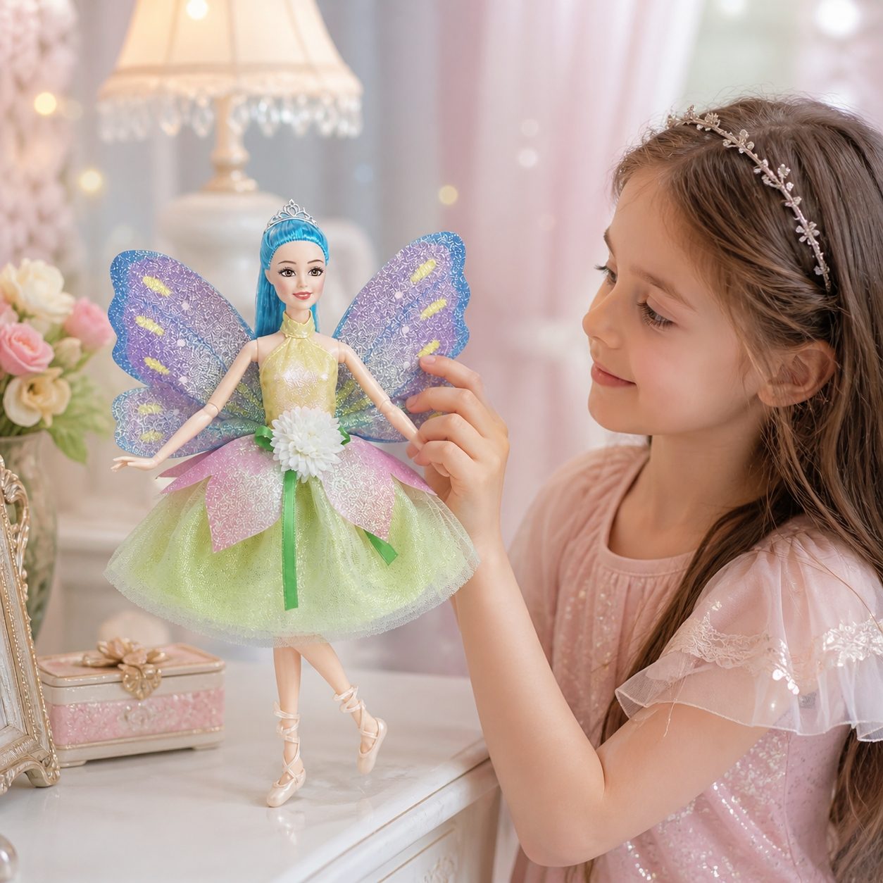 Papusa Emily Fairy Collection 32 cm pentru Copii, Papusa Zana Fashion cu Aripi si Rochie Eleganta, Jucarie pentru Fete cu Design Magic si Accesorii, Papusa de Poveste pentru Joaca si Cadou Copii 3+ Ani, Multicolor 5