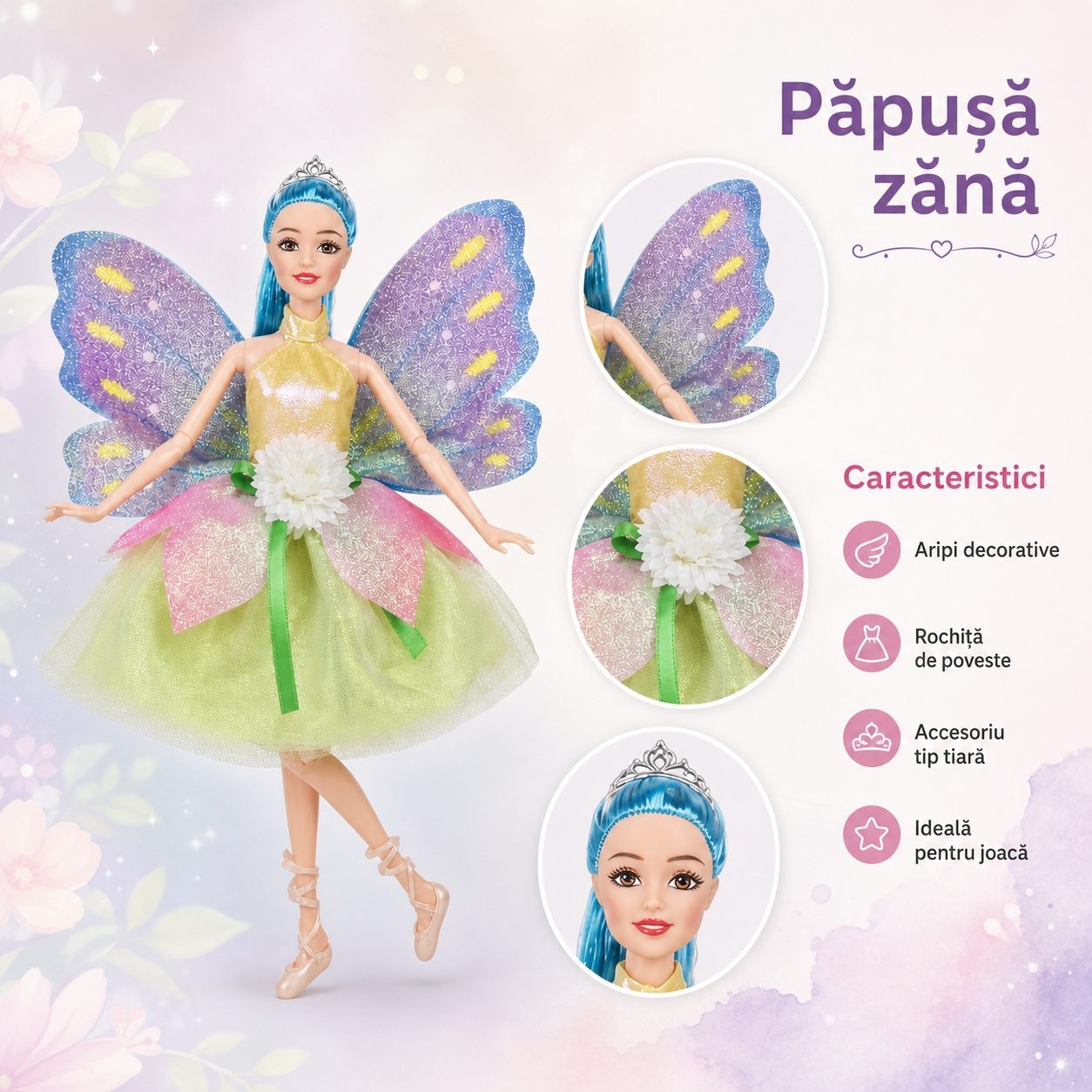 Papusa Emily Fairy Collection 32 cm pentru Copii, Papusa Zana Fashion cu Aripi si Rochie Eleganta, Jucarie pentru Fete cu Design Magic si Accesorii, Papusa de Poveste pentru Joaca si Cadou Copii 3+ Ani, Multicolor 2