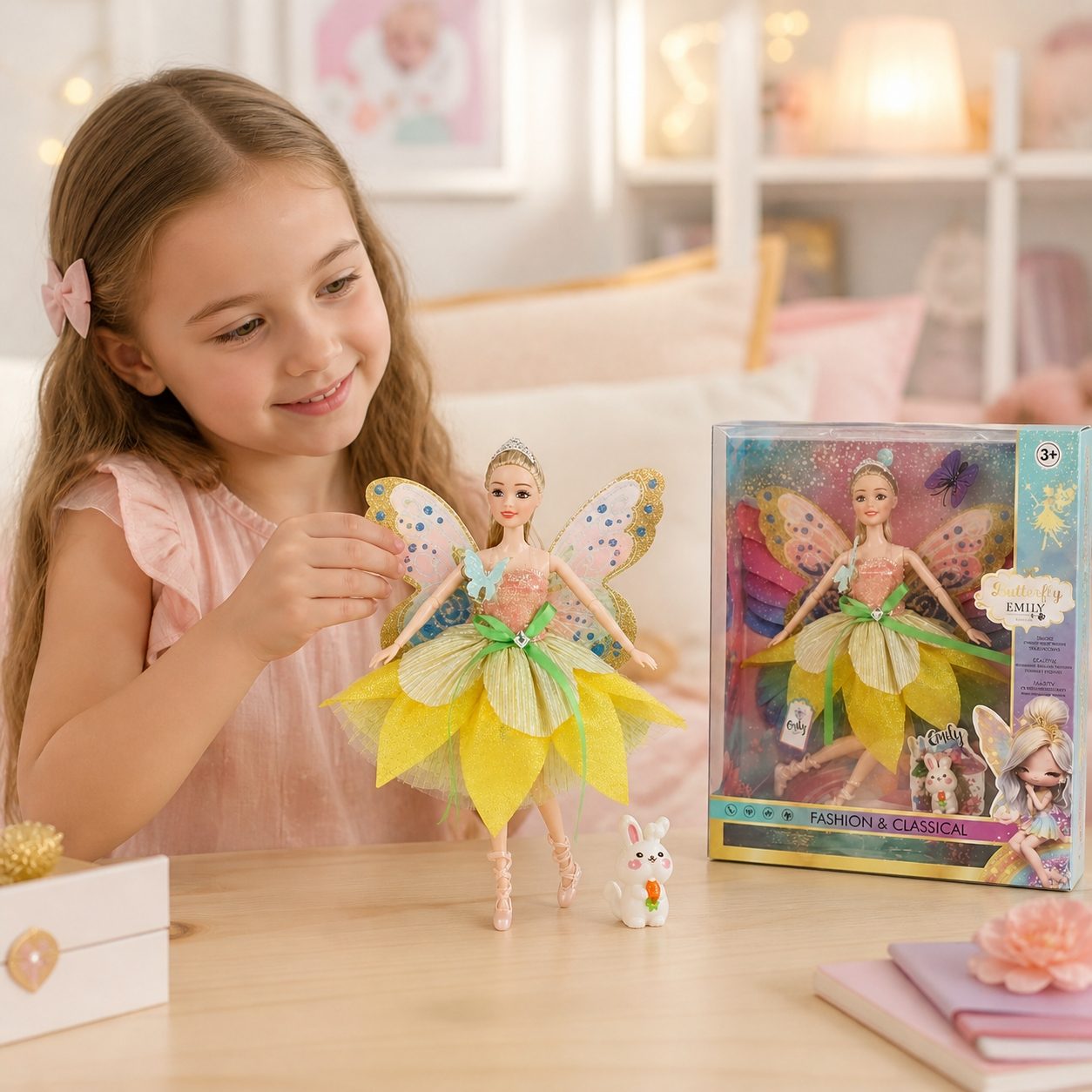 Papusa Emily Fairy Collection 32 cm pentru Copii, Papusa Zana Fashion cu Aripi si Rochie Eleganta, Jucarie pentru Fete cu Design Magic si Accesorii, Papusa de Poveste pentru Joaca si Cadou Copii 3+ Ani, Galben 3