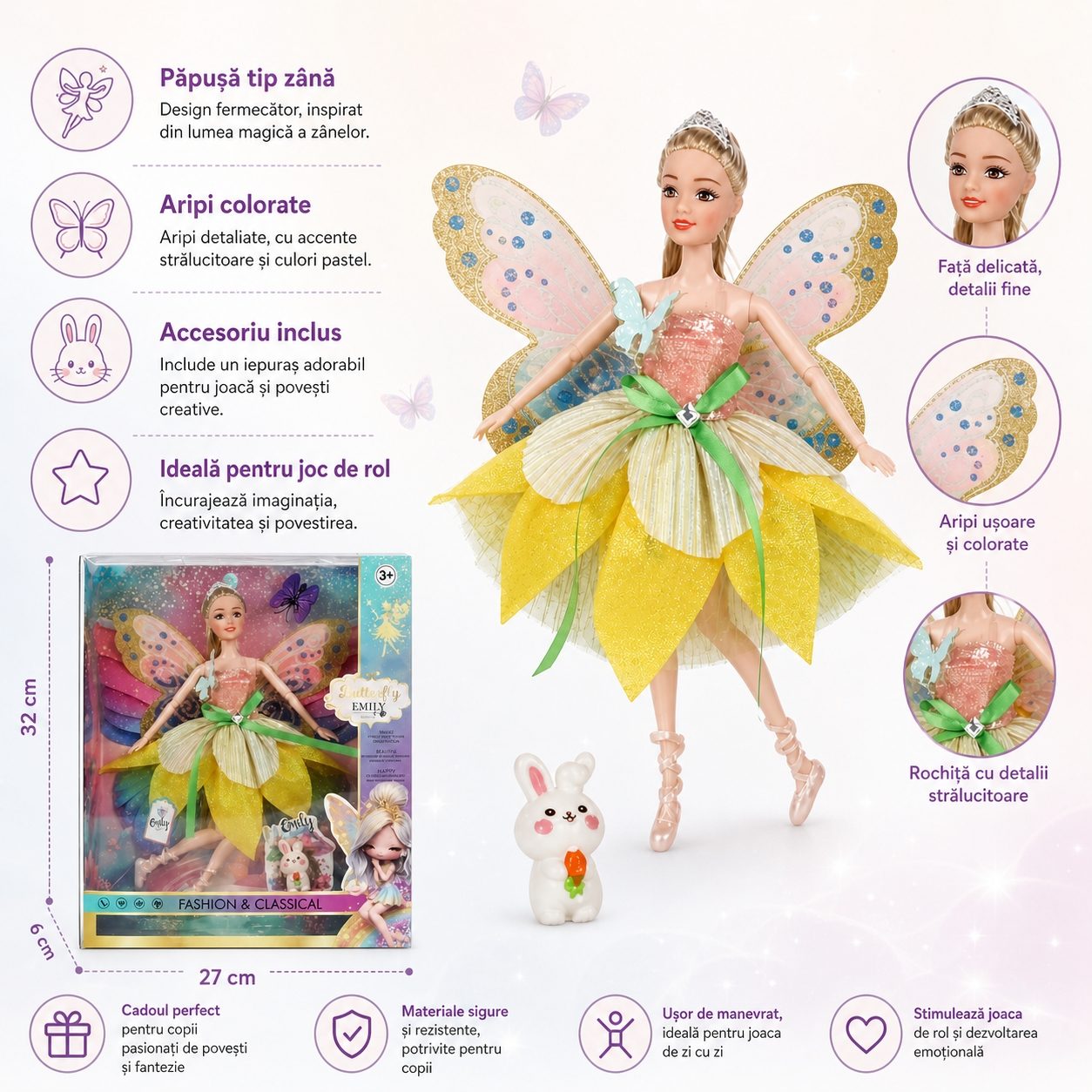 Papusa Emily Fairy Collection 32 cm pentru Copii, Papusa Zana Fashion cu Aripi si Rochie Eleganta, Jucarie pentru Fete cu Design Magic si Accesorii, Papusa de Poveste pentru Joaca si Cadou Copii 3+ Ani, Galben 2