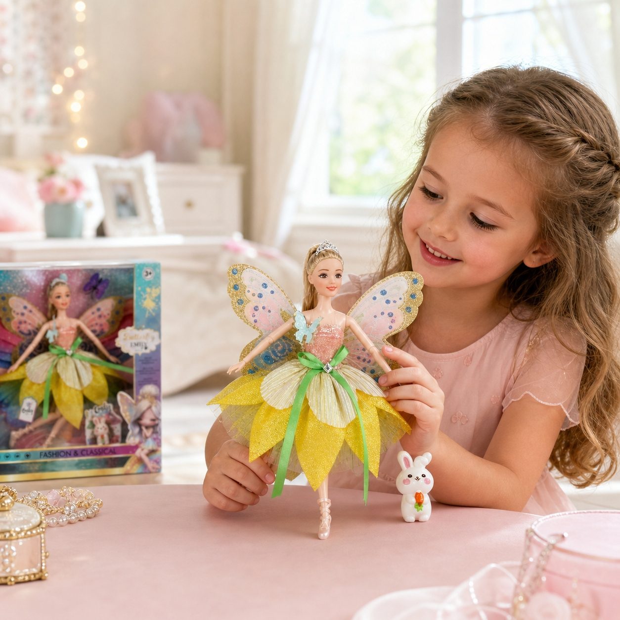 Papusa Emily Fairy Collection 32 cm pentru Copii, Papusa Zana Fashion cu Aripi si Rochie Eleganta, Jucarie pentru Fete cu Design Magic si Accesorii, Papusa de Poveste pentru Joaca si Cadou Copii 3+ Ani, Galben 4