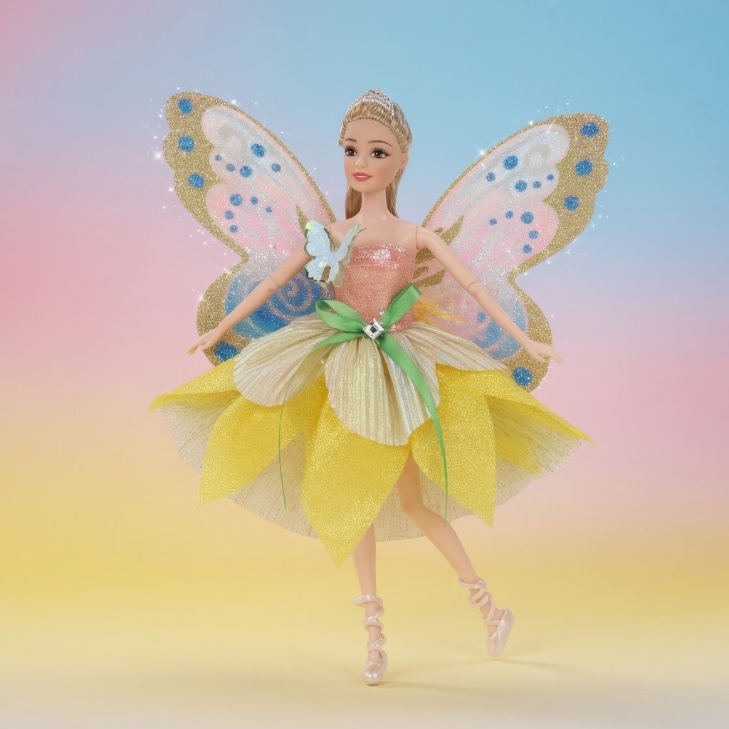 Papusa Emily Fairy Collection 32 cm pentru Copii, Papusa Zana Fashion cu Aripi si Rochie Eleganta, Jucarie pentru Fete cu Design Magic si Accesorii, Papusa de Poveste pentru Joaca si Cadou Copii 3+ Ani, Galben 5