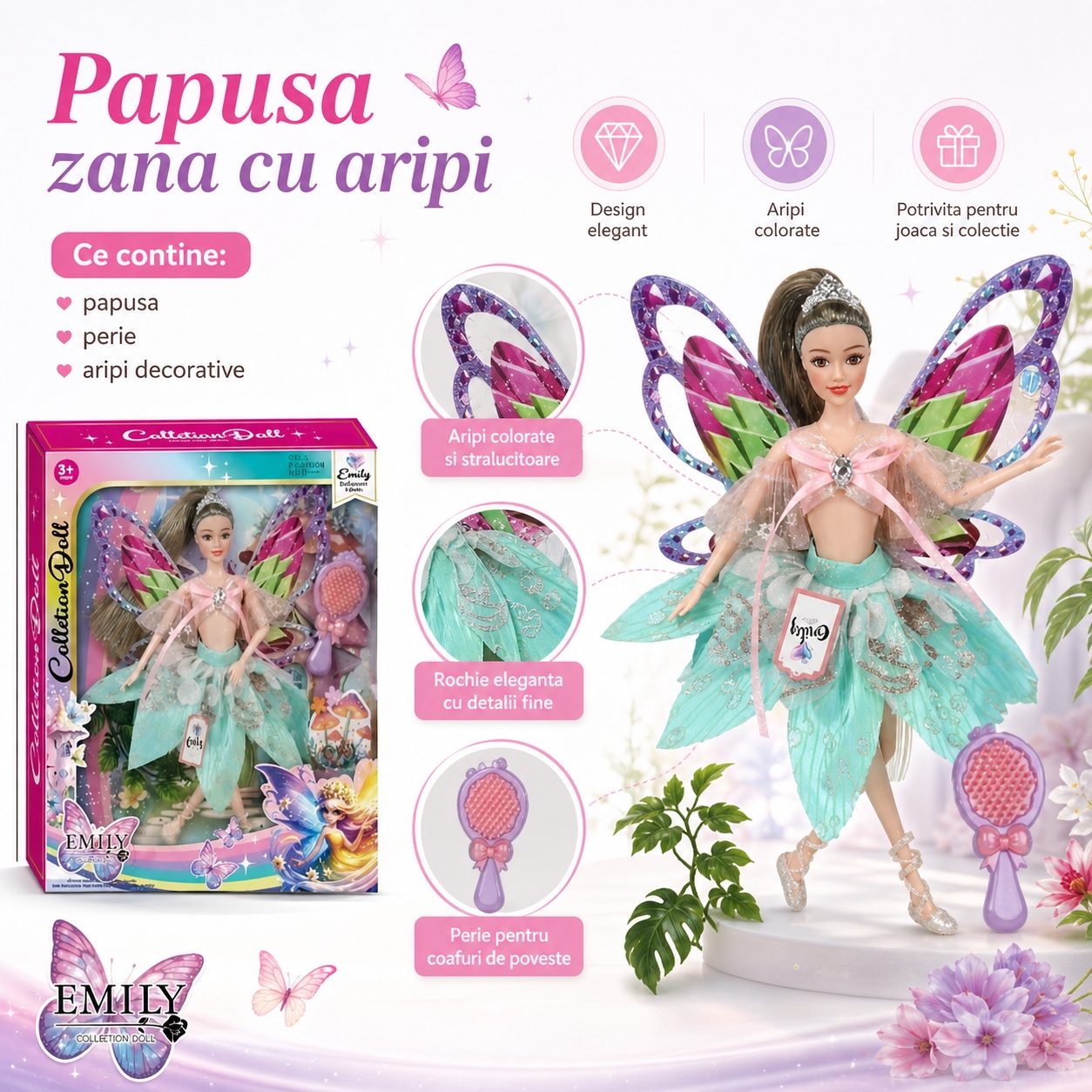 Papusa Emily Fairy Collection 32 cm pentru Copii, Papusa Zana Fashion cu Aripi si Rochie Eleganta, Jucarie pentru Fete cu Design Magic si Accesorii, Papusa de Poveste pentru Joaca si Cadou Copii 3+ Ani, Albastru 2