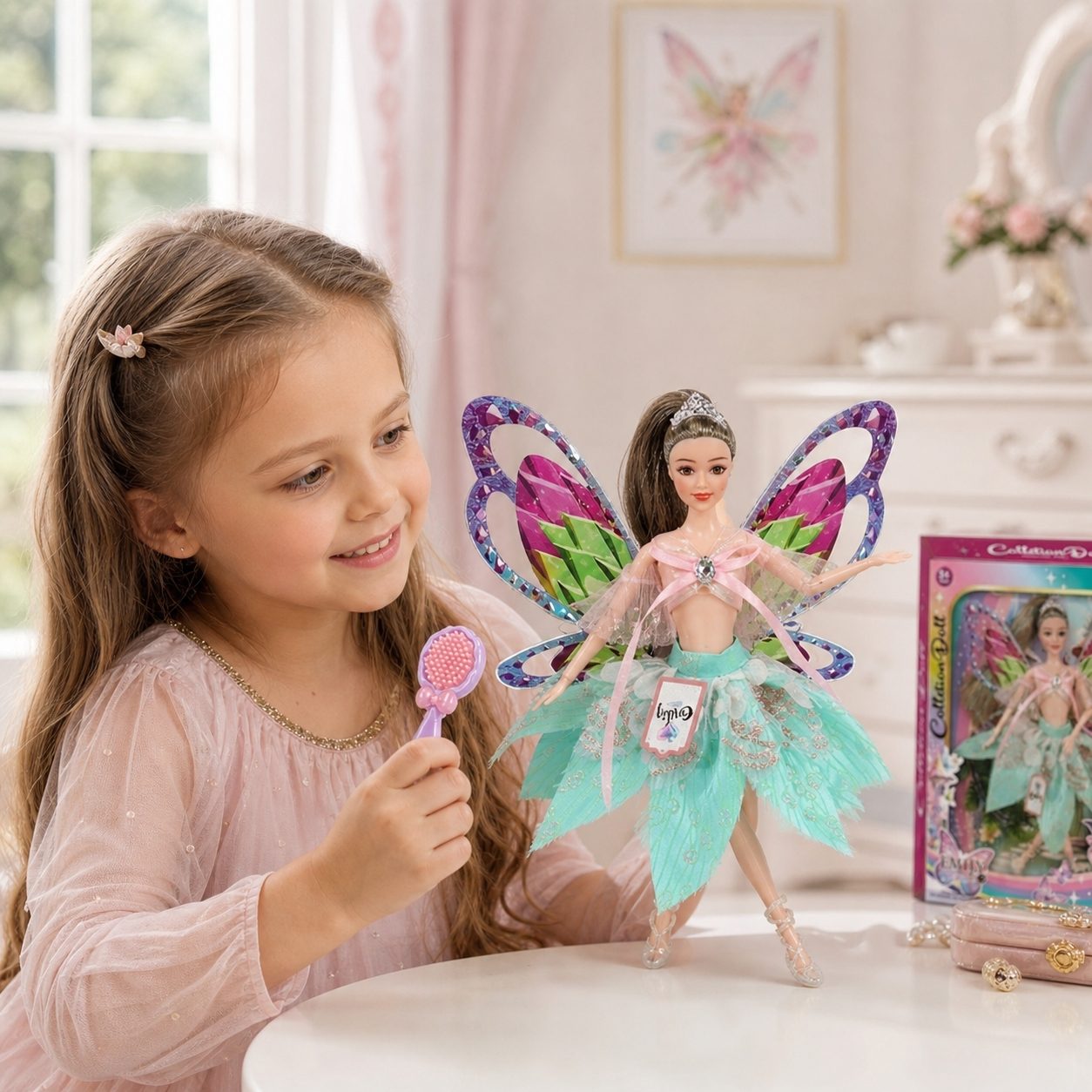 Papusa Emily Fairy Collection 32 cm pentru Copii, Papusa Zana Fashion cu Aripi si Rochie Eleganta, Jucarie pentru Fete cu Design Magic si Accesorii, Papusa de Poveste pentru Joaca si Cadou Copii 3+ Ani, Albastru 5