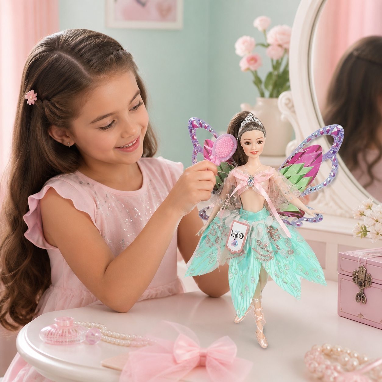Papusa Emily Fairy Collection 32 cm pentru Copii, Papusa Zana Fashion cu Aripi si Rochie Eleganta, Jucarie pentru Fete cu Design Magic si Accesorii, Papusa de Poveste pentru Joaca si Cadou Copii 3+ Ani, Albastru 3