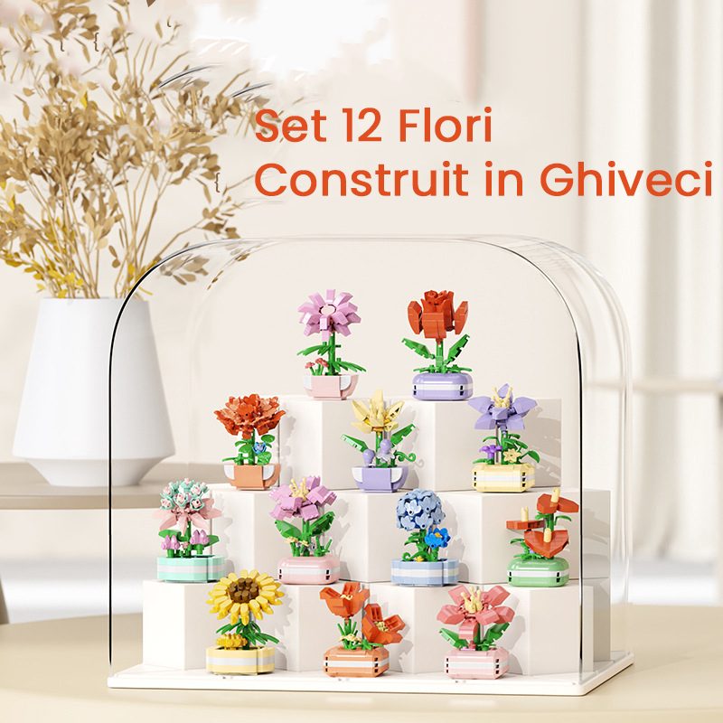 Set 12 Flori de Construit in Ghiveci, , Model 1, Blocuri de Asamblare, Joc Educativ Creativ, Decor Floral, Compatibil Brick, Cadou pentru Copii 6+ Ani, Multicolor 3