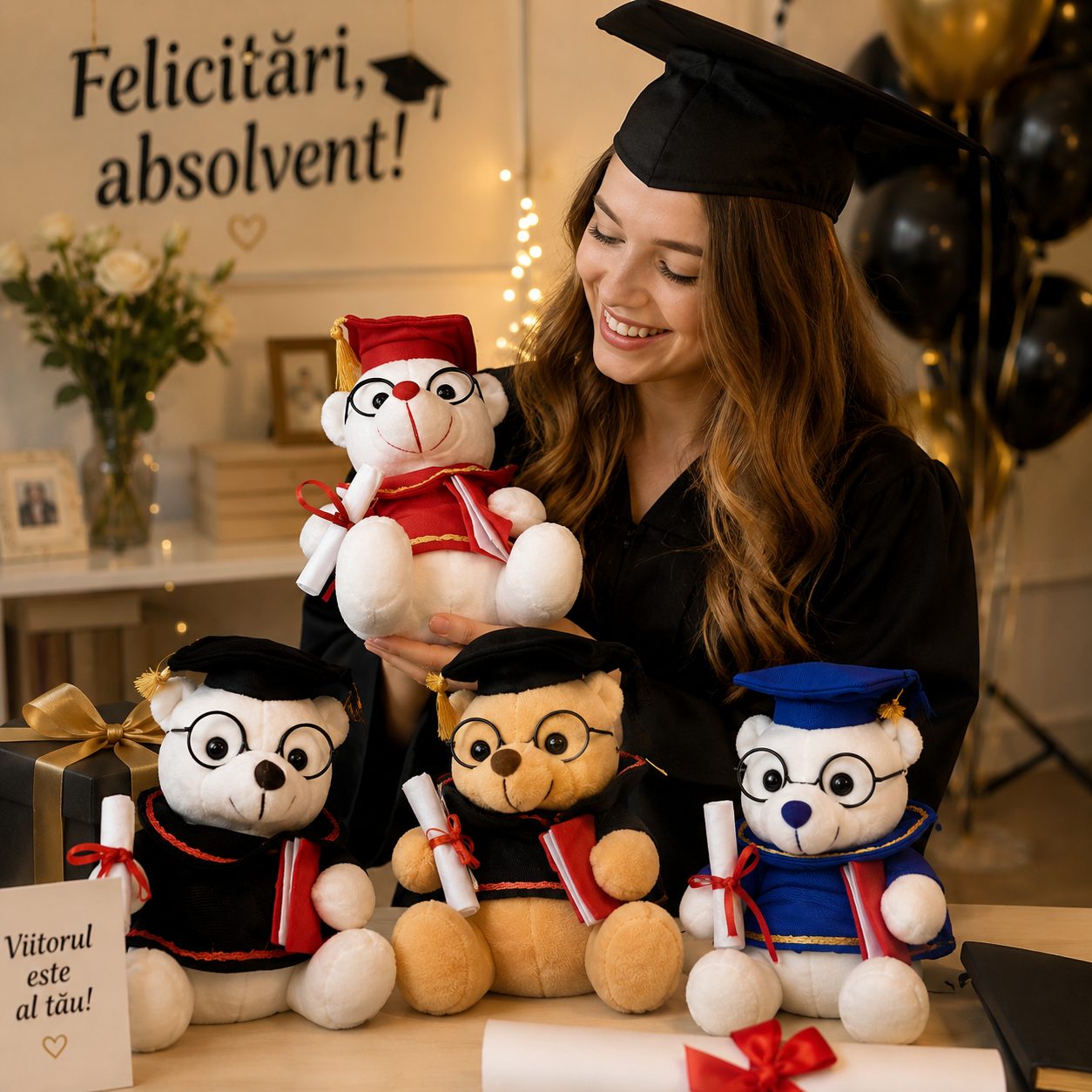 Ursulet de Plus Absolvent, , Jucarie Moale cu Toca, Ochelari si Diploma, Cadou pentru Absolvire, 40 cm, Multicolor 4