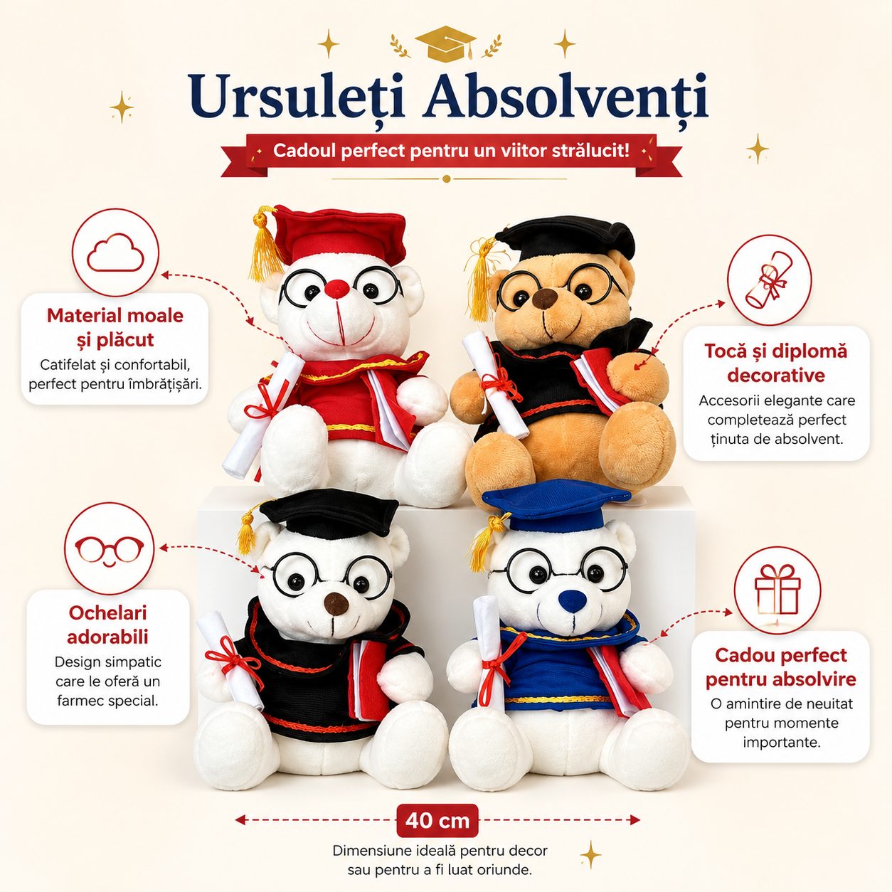 Ursulet de Plus Absolvent, , Jucarie Moale cu Toca, Ochelari si Diploma, Cadou pentru Absolvire, 40 cm, Multicolor 2
