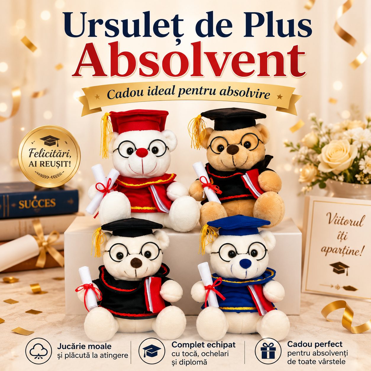 Ursulet de Plus Absolvent, , Jucarie Moale cu Toca, Ochelari si Diploma, Cadou pentru Absolvire, 40 cm, Multicolor 3