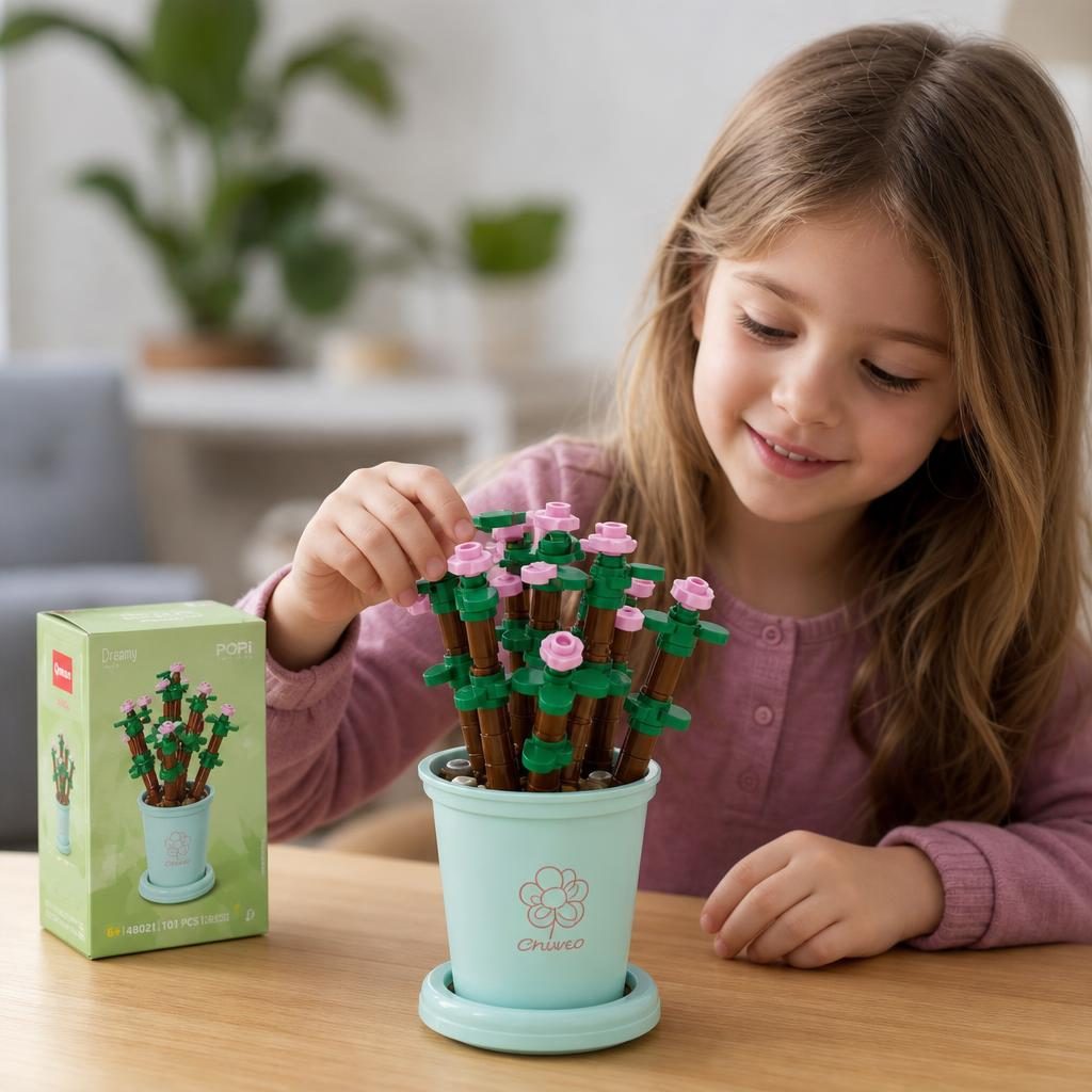 Set 12 Flori de Construit in Ghiveci, , Model 2, Blocuri de Asamblare, Joc Educativ Creativ, Decor Floral, Compatibil Brick, Cadou pentru Copii 6+ Ani, Multicolor 2