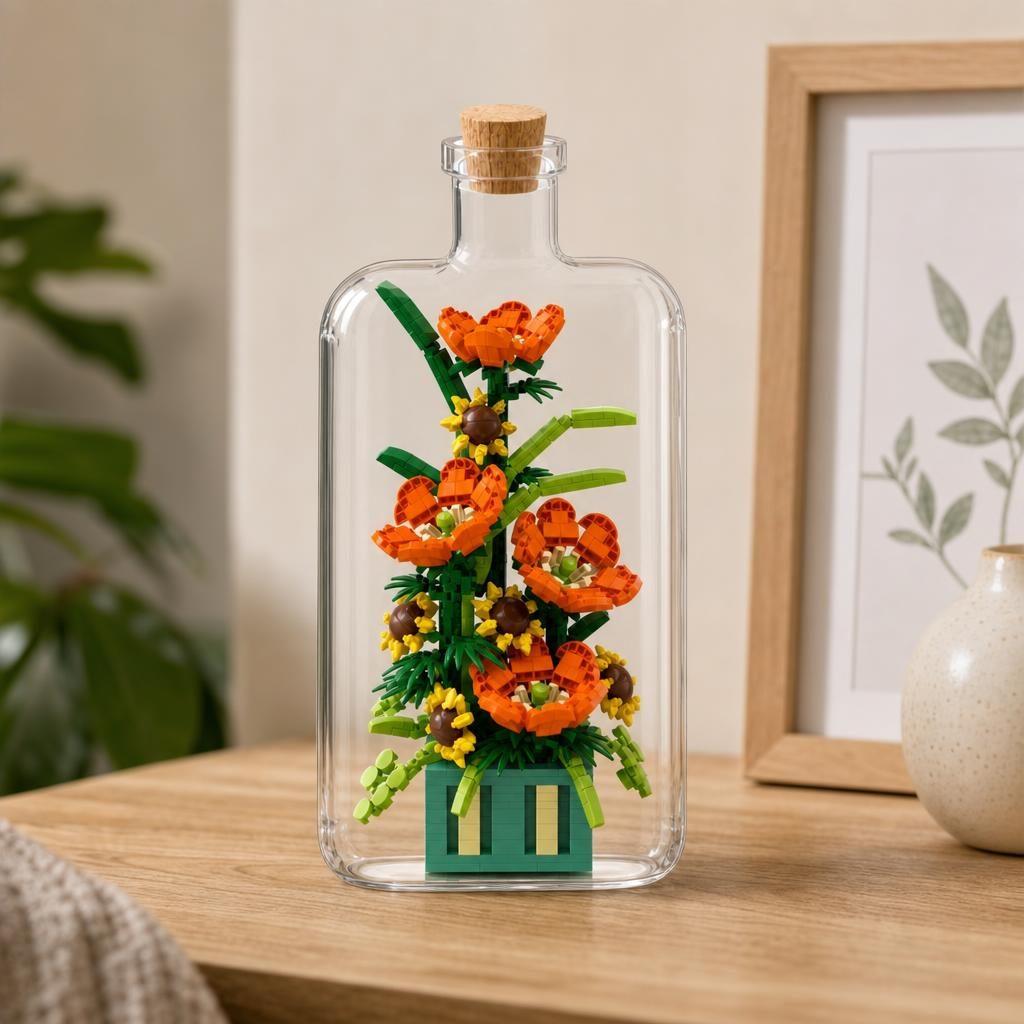 Set de Construit in Sticla, Flippy, din Plastic, Tematica Flori, Model 1, Joc de Asamblare cu Sticla Decorativa si Accesorii, Varsta 14 Ani+, Dimensiune Cutie 36x31x7.4 cm, Multicolor