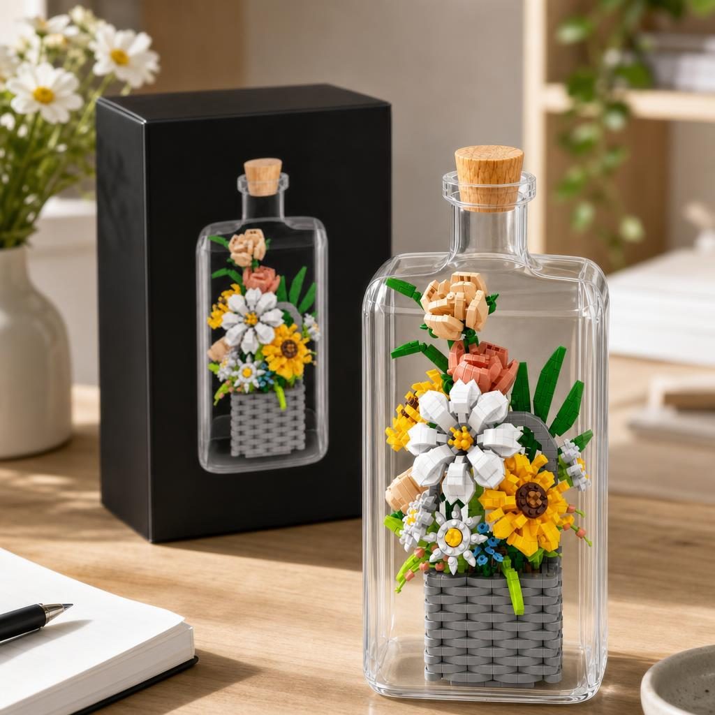 Set de Construit in Sticla, Flippy, Tematica Flori, Model 2, Jucarie Tip Blocuri din Plastic, Decoratiune DIY pentru Asamblare, Dimensiune 36 x 31 x 7.4 cm, Varsta 14 Ani+, Multicolor