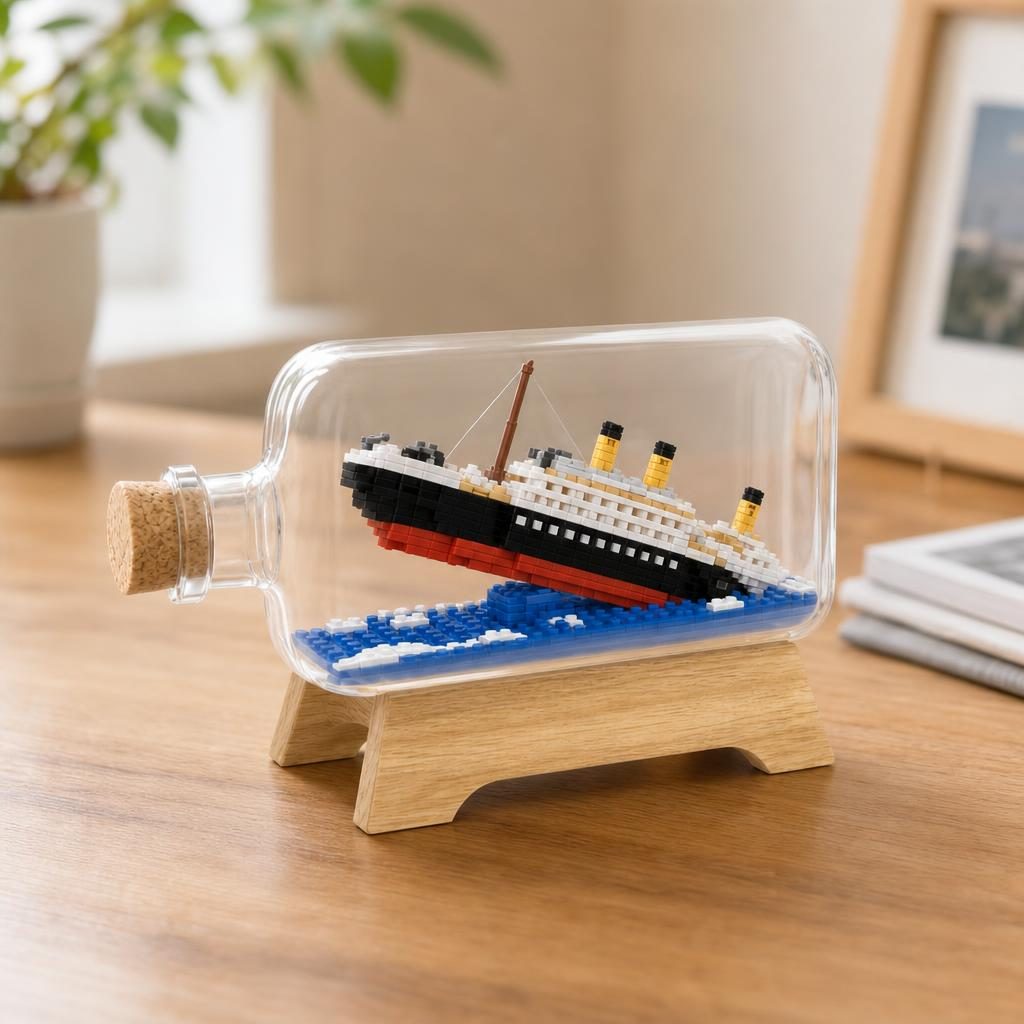 Set de Construit in Sticla cu Suport din Lemn, Flippy, din Plastic, Model Barca, Joc de Asamblare cu Sticla Decorativa si Suport, Varsta 14 Ani+, Dimensiune 20.2x13x22.3 cm, Multicolor