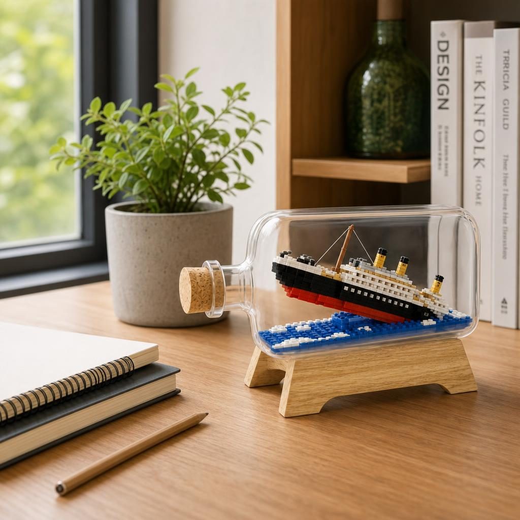 Set de Construit in Sticla cu Suport din Lemn, Flippy, din Plastic, Model Barca, Joc de Asamblare cu Sticla Decorativa si Suport, Varsta 14 Ani+, Dimensiune 20.2x13x22.3 cm, Multicolor