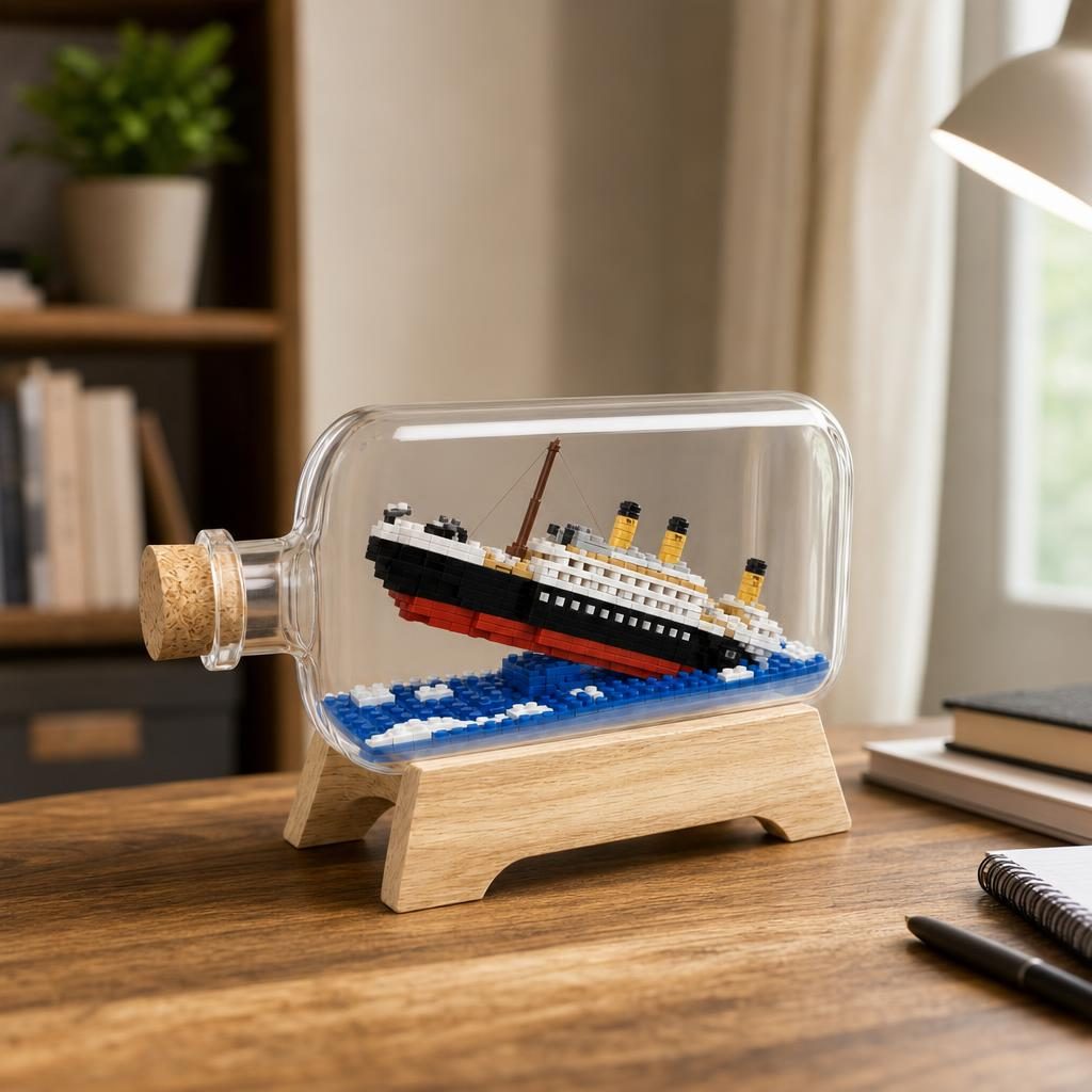 Set de Construit in Sticla cu Suport din Lemn, Flippy, din Plastic, Model Barca, Joc de Asamblare cu Sticla Decorativa si Suport, Varsta 14 Ani+, Dimensiune 20.2x13x22.3 cm, Multicolor