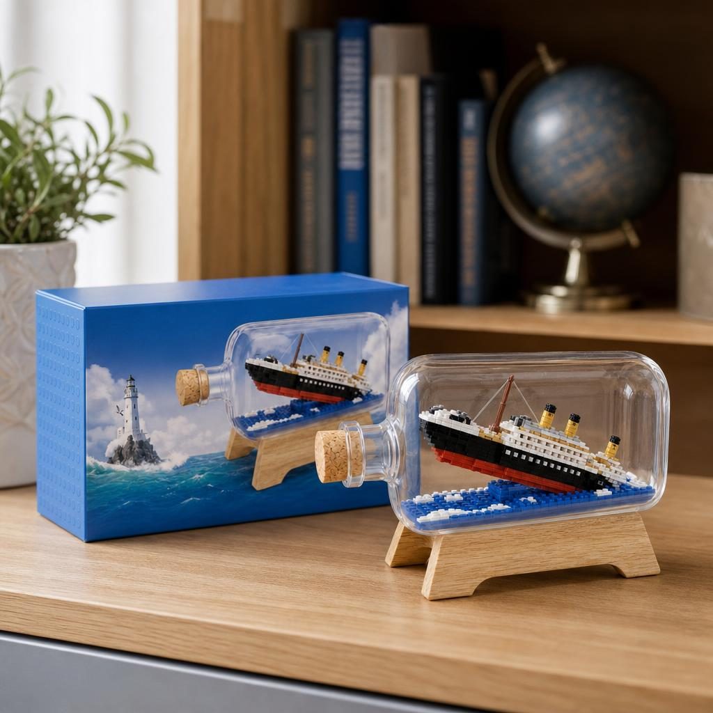 Set de Construit in Sticla cu Suport din Lemn, Flippy, din Plastic, Model Barca, Joc de Asamblare cu Sticla Decorativa si Suport, Varsta 14 Ani+, Dimensiune 20.2x13x22.3 cm, Multicolor