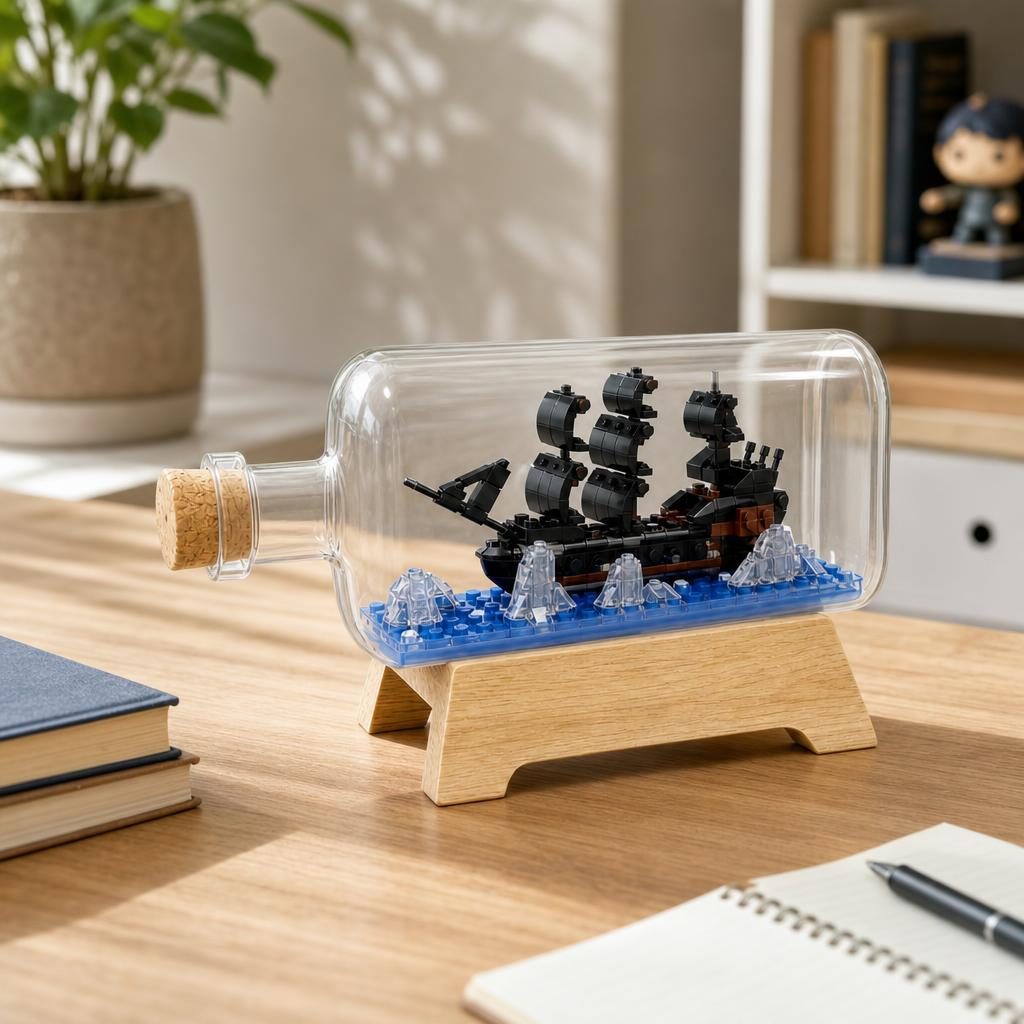 Set de Construit in Sticla cu Suport din Lemn, Flippy, Model Corabie Pirati, Jucarie Tip Blocuri din Plastic, Decoratiune DIY pentru Asamblare, Dimensiune 20.2 x 13 x 22.3 cm, Varsta 14 Ani+, Multicolor