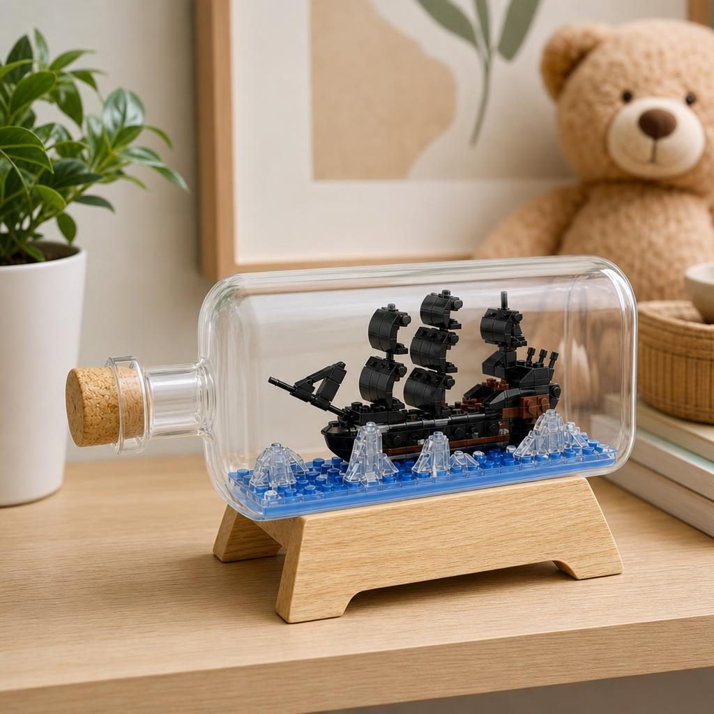 Set de Construit in Sticla cu Suport din Lemn, Flippy, Model Corabie Pirati, Jucarie Tip Blocuri din Plastic, Decoratiune DIY pentru Asamblare, Dimensiune 20.2 x 13 x 22.3 cm, Varsta 14 Ani+, Multicolor