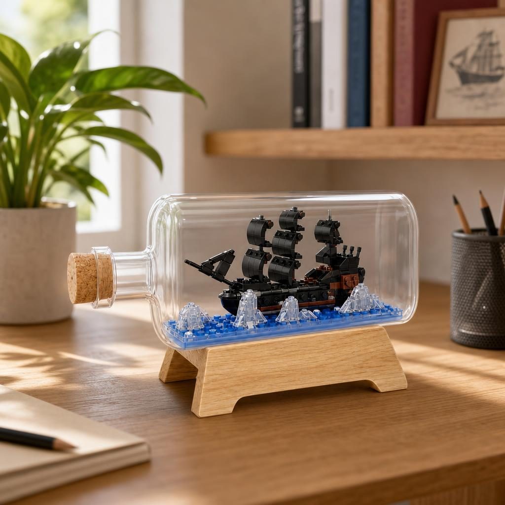 Set de Construit in Sticla cu Suport din Lemn, Flippy, Model Corabie Pirati, Jucarie Tip Blocuri din Plastic, Decoratiune DIY pentru Asamblare, Dimensiune 20.2 x 13 x 22.3 cm, Varsta 14 Ani+, Multicolor