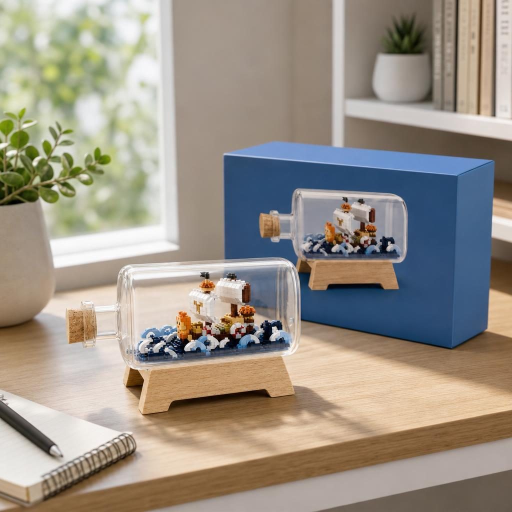 Set de Construit in Sticla cu Suport din Lemn, Flippy, Model Corabie, Jucarie Tip Blocuri din Plastic, Decoratiune DIY pentru Asamblare, Dimensiune 20.2 x 13 x 22.3 cm, Varsta 14 Ani+, Multicolor