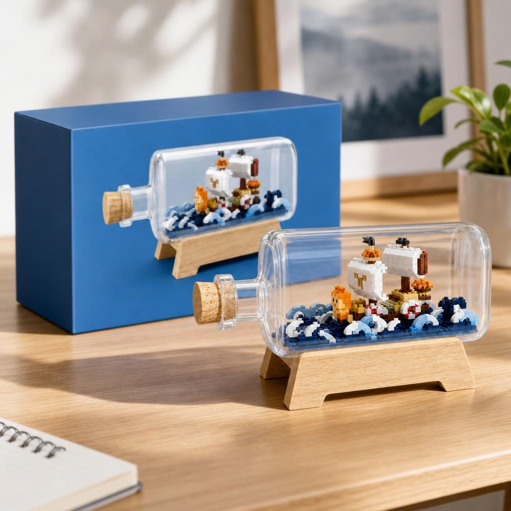 Set de Construit in Sticla cu Suport din Lemn, Flippy, Model Corabie, Jucarie Tip Blocuri din Plastic, Decoratiune DIY pentru Asamblare, Dimensiune 20.2 x 13 x 22.3 cm, Varsta 14 Ani+, Multicolor