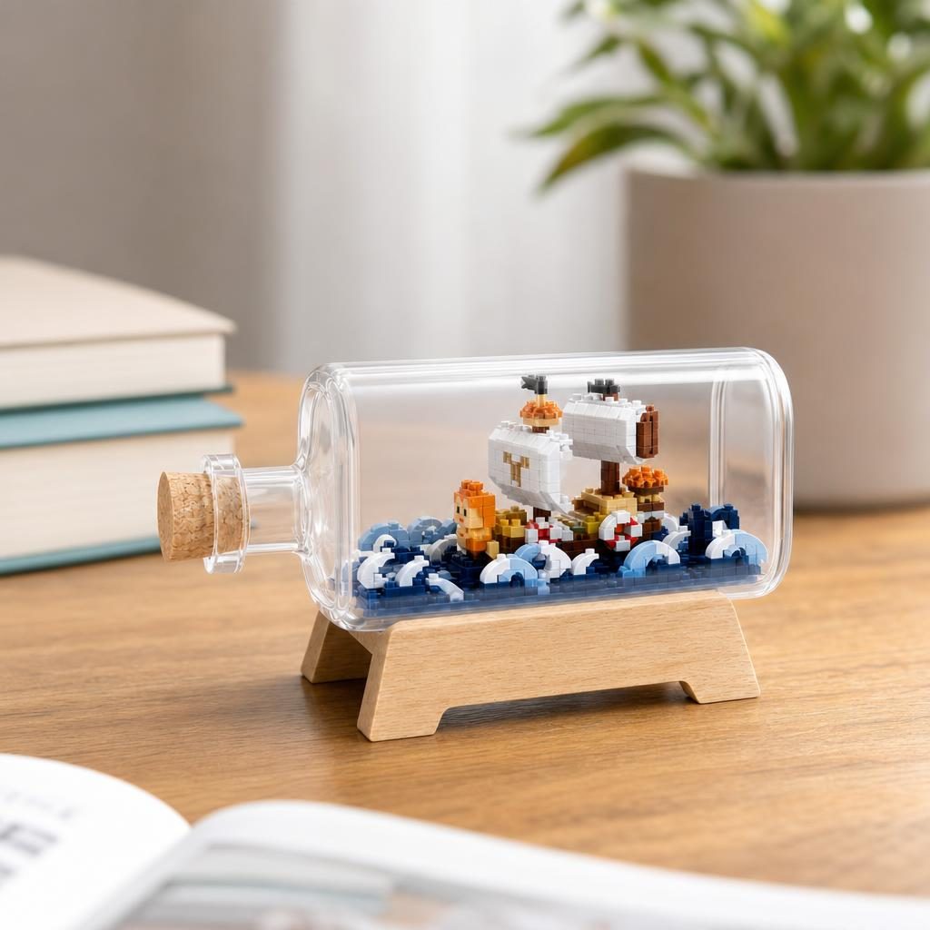 Set de Construit in Sticla cu Suport din Lemn, Flippy, Model Corabie, Jucarie Tip Blocuri din Plastic, Decoratiune DIY pentru Asamblare, Dimensiune 20.2 x 13 x 22.3 cm, Varsta 14 Ani+, Multicolor