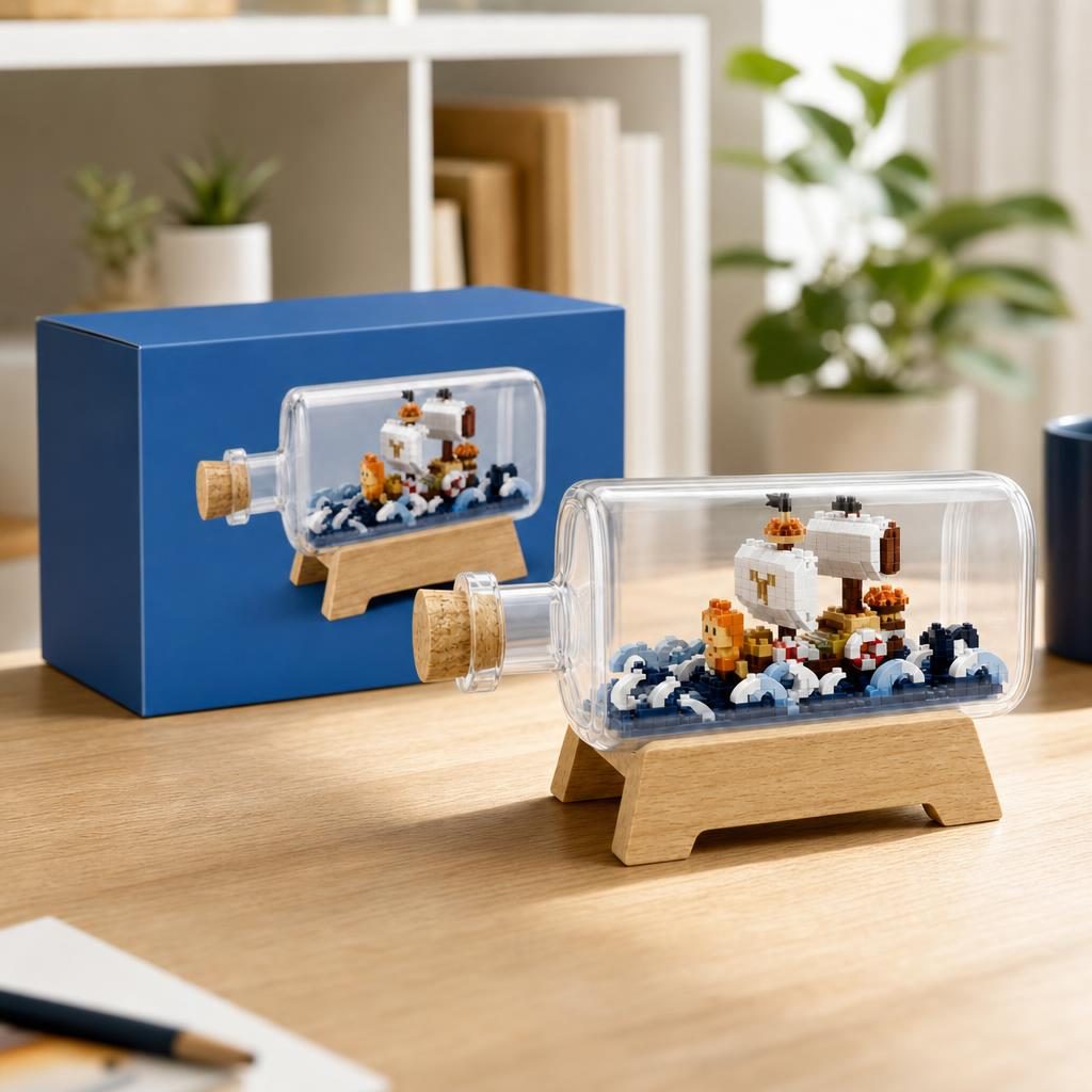 Set de Construit in Sticla cu Suport din Lemn, Flippy, Model Corabie, Jucarie Tip Blocuri din Plastic, Decoratiune DIY pentru Asamblare, Dimensiune 20.2 x 13 x 22.3 cm, Varsta 14 Ani+, Multicolor