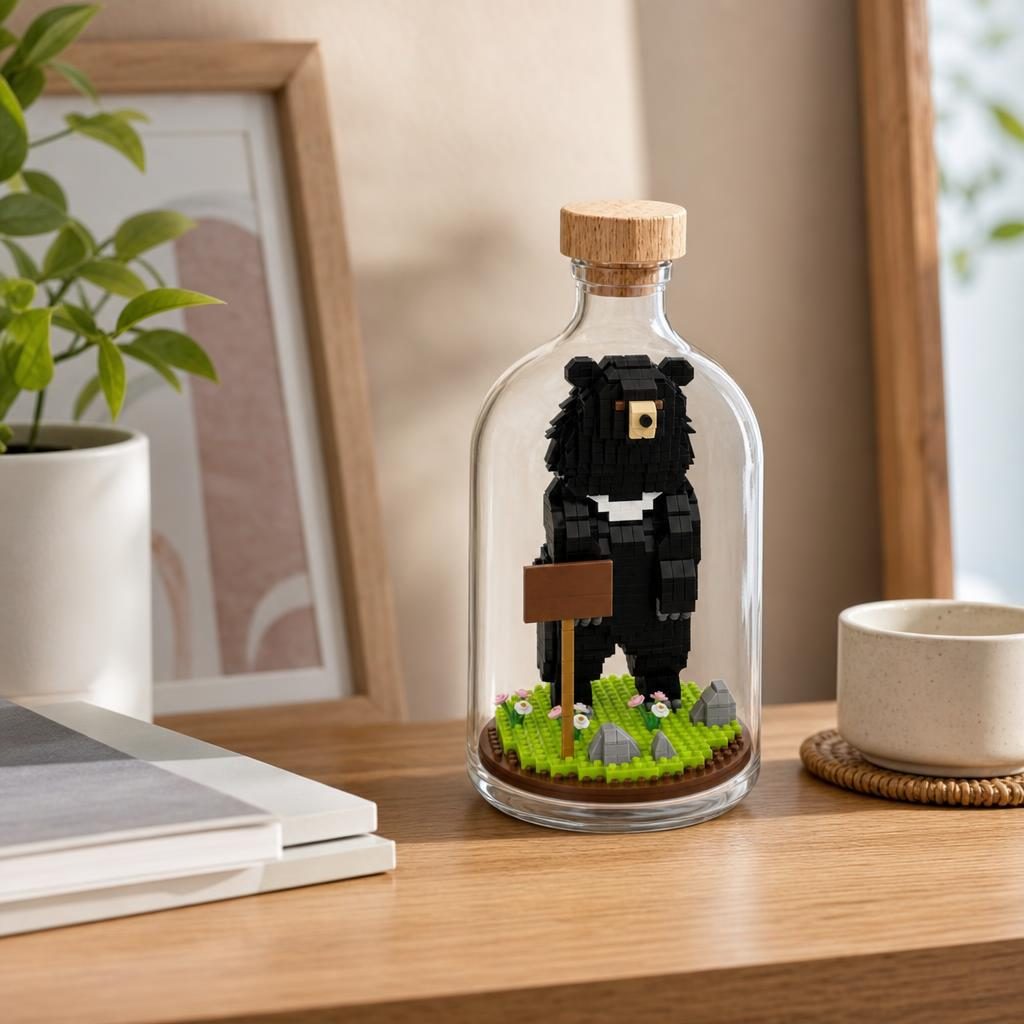 Set de Construit in Sticla, Flippy, Model Urs, 608 Piese, din Plastic, Joc de Asamblare cu Sticla Decorativa si Figurina Animal, Varsta 14 Ani+, Dimensiune 10 x 19.6 cm, Multicolor