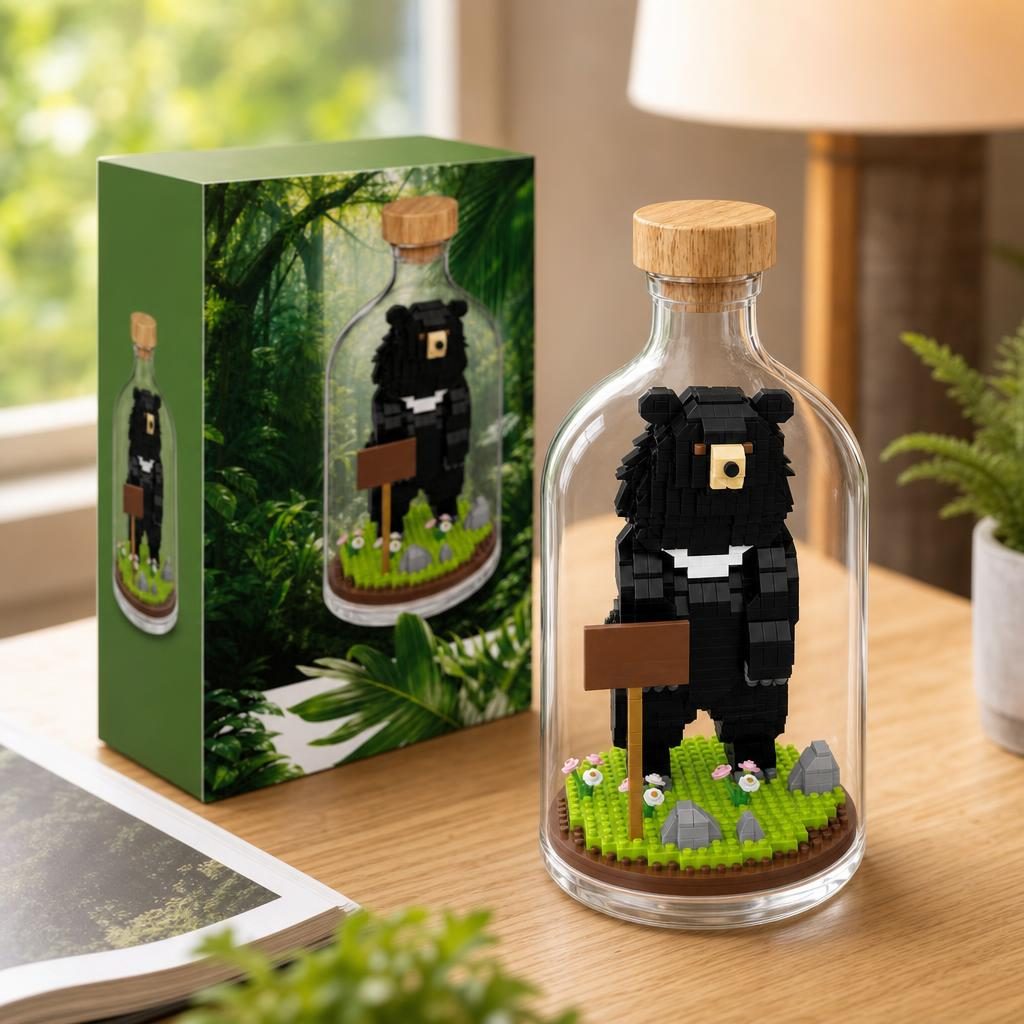 Set de Construit in Sticla, Flippy, Model Urs, 608 Piese, din Plastic, Joc de Asamblare cu Sticla Decorativa si Figurina Animal, Varsta 14 Ani+, Dimensiune 10 x 19.6 cm, Multicolor