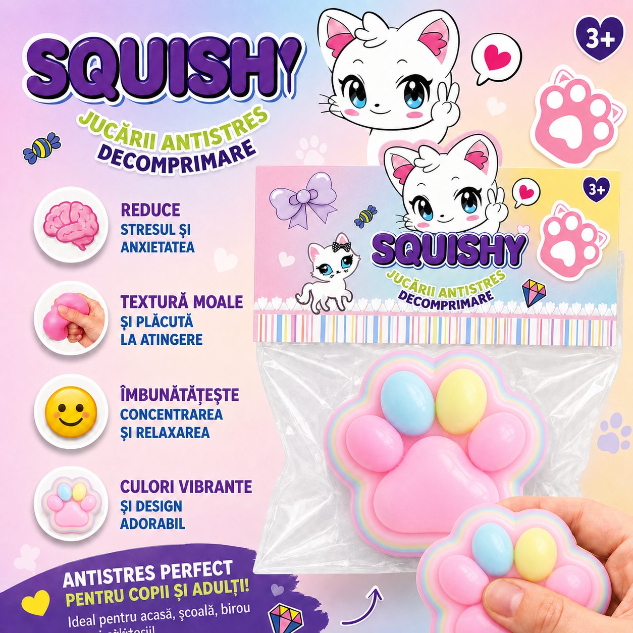 Squishy antistres lăbuță pisică cu revenire lentă