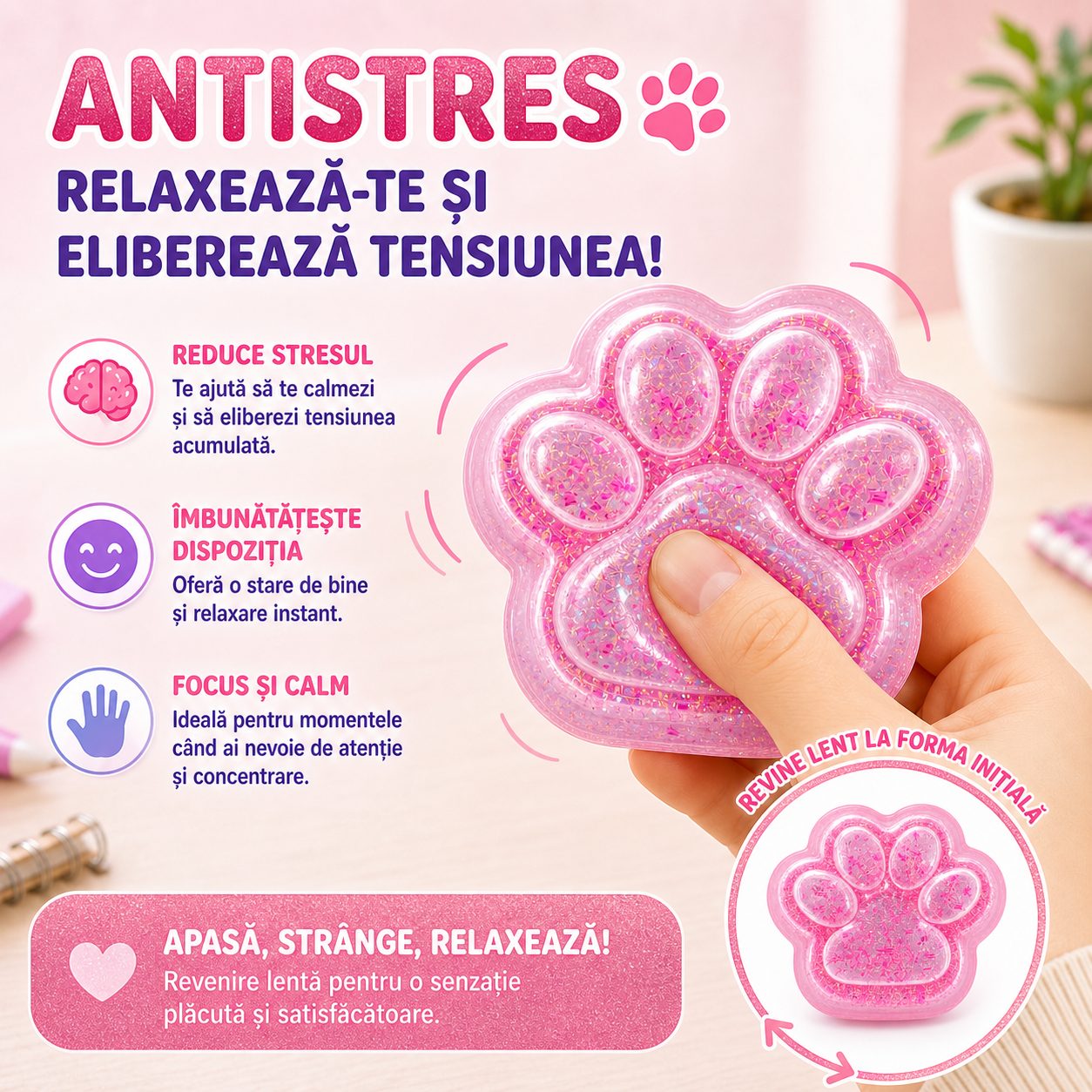 Jucărie Squishy Flippy din diferite unghiuri