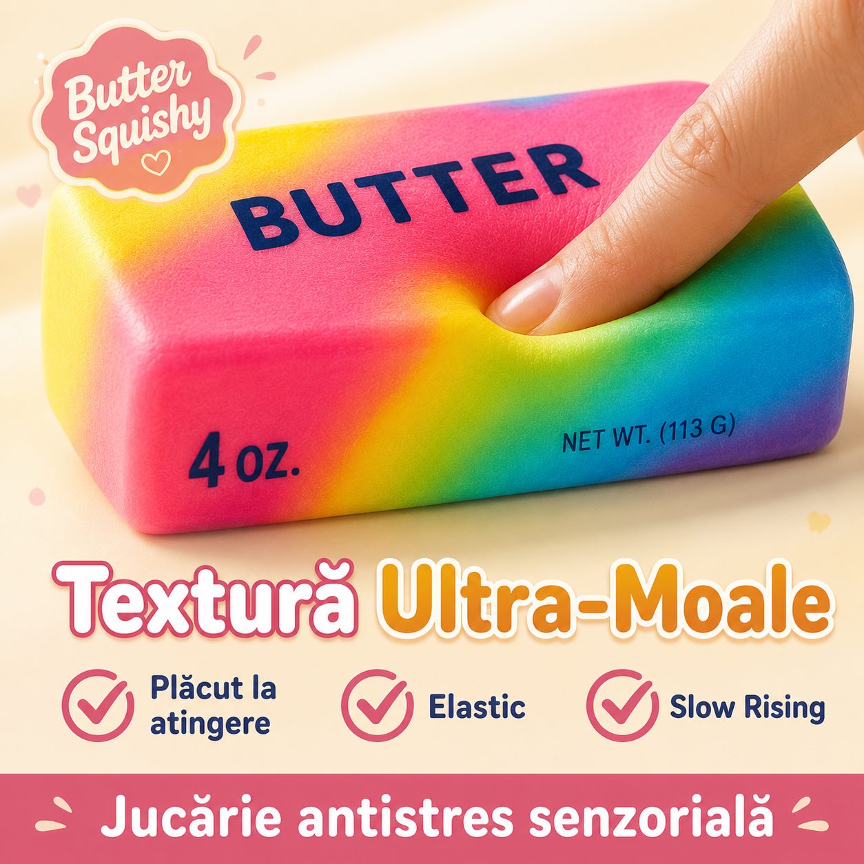 Jucărie Squishy tip Needoh Antistres, , Formă de Unt, Slow Rising, Textură Moale și Elastică, 14 cm, Multicolor 4