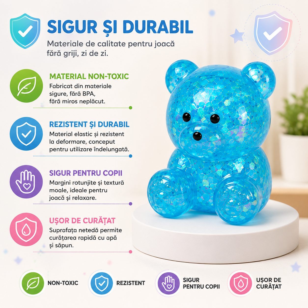 Jucarie Antistres Squishy, , Model Ursulet, Transparenta cu Paiete Decorative, Moale si Compresibila, pentru Relaxare si Joaca Senzoriala, Culoare Aleatorie 3