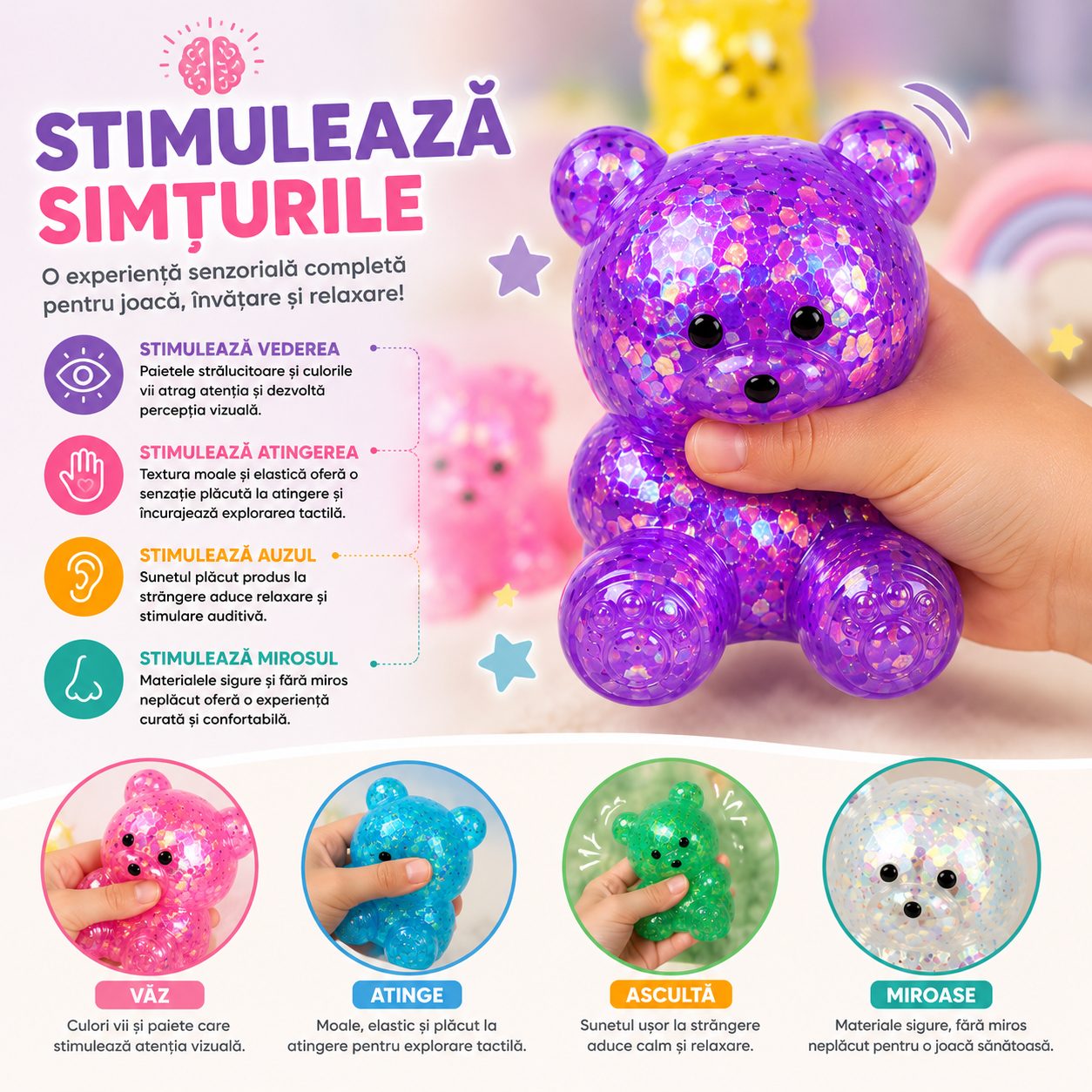 Jucarie Antistres Squishy, , Model Ursulet, Transparenta cu Paiete Decorative, Moale si Compresibila, pentru Relaxare si Joaca Senzoriala, Culoare Aleatorie 4