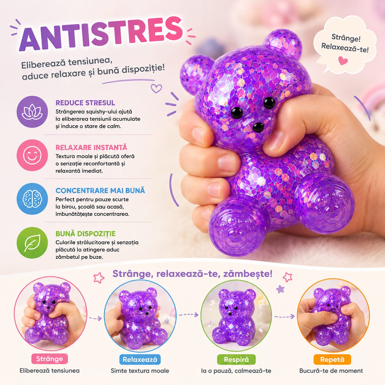 Jucarie Antistres Squishy, , Model Ursulet, Transparenta cu Paiete Decorative, Moale si Compresibila, pentru Relaxare si Joaca Senzoriala, Culoare Aleatorie 5