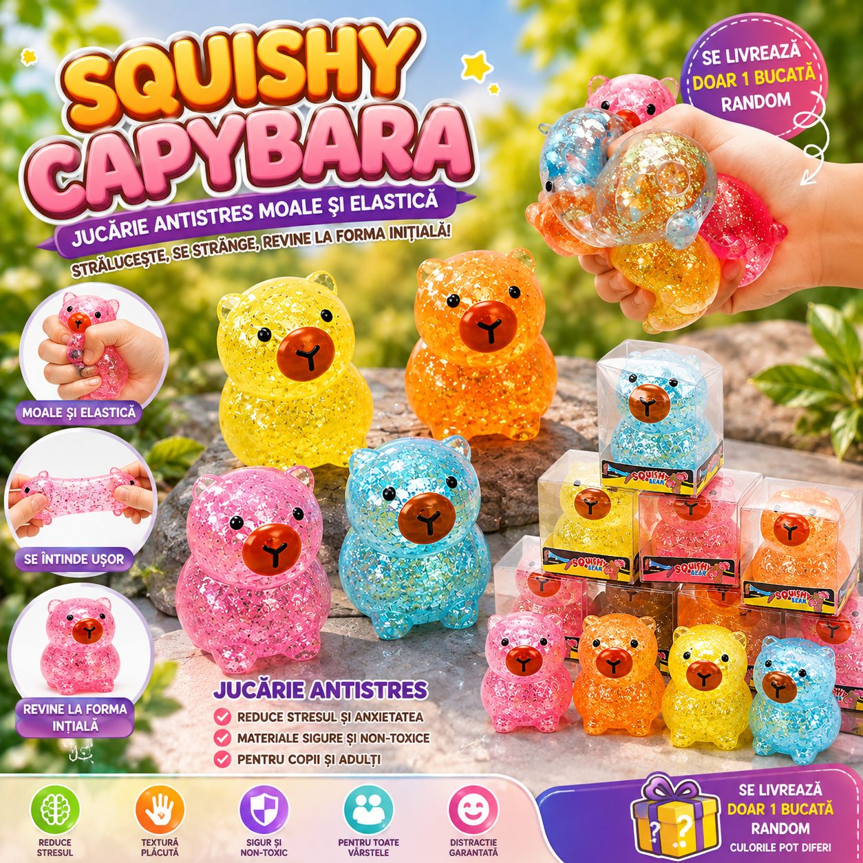 Jucarie Antistres Squishy, , Model Capybara cu Sclipici, Textura Moale, 3.5 x 3.6 x 4.5 cm, Multicolor 2