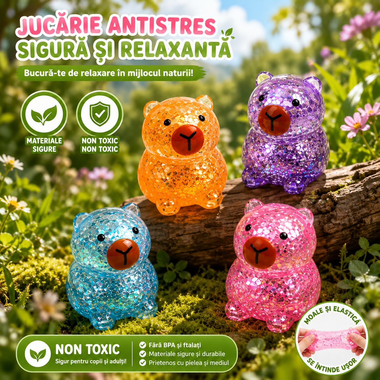 Jucarie Antistres Squishy, , Model Capybara cu Sclipici, Textura Moale, 3.5 x 3.6 x 4.5 cm, Multicolor 3