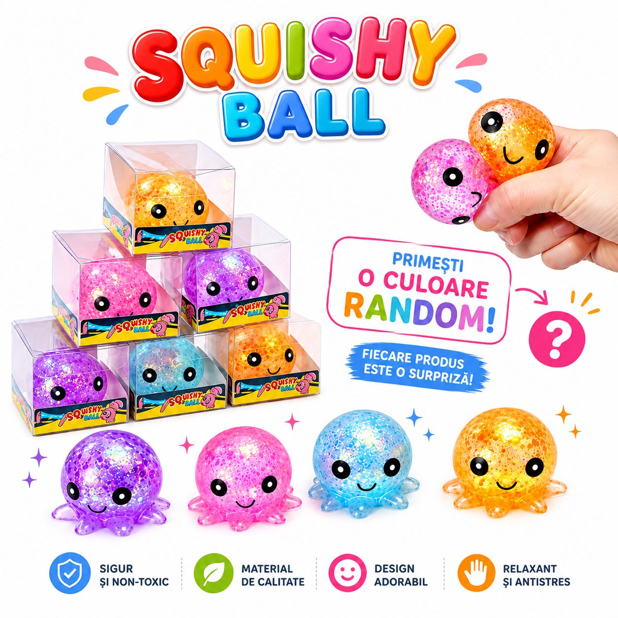 Jucarie Antistres Squishy, , Model Caracatita cu Sclipici, Textura Moale, 6 x 6 x 4.5 cm, 61 g, Diverse Modele 2