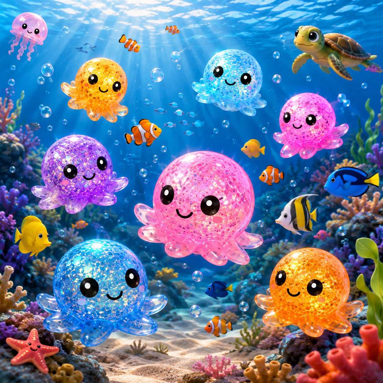 Jucarie Antistres Squishy, , Model Caracatita cu Sclipici, Textura Moale, 6 x 6 x 4.5 cm, 61 g, Diverse Modele 4
