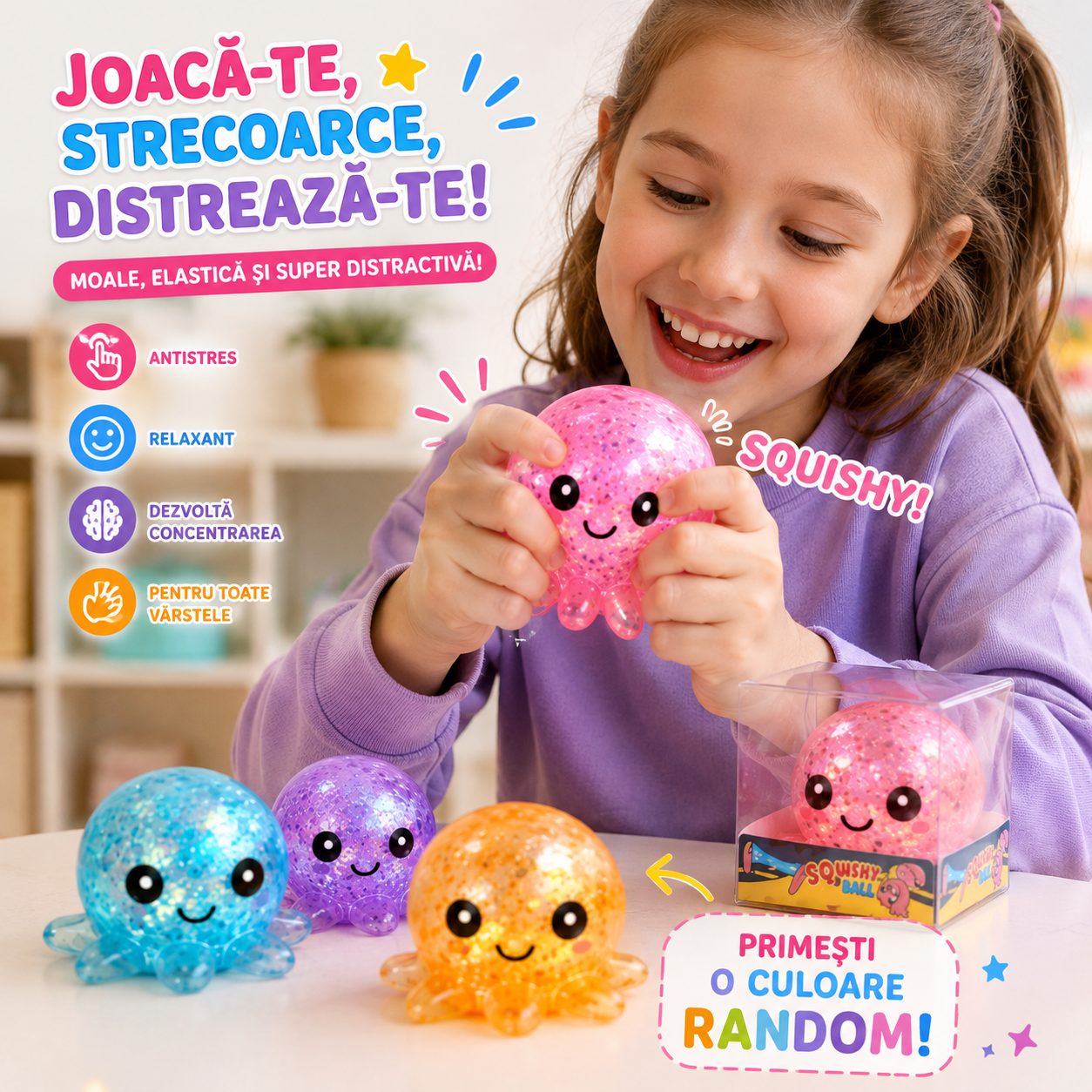 Jucarie Antistres Squishy, , Model Caracatita cu Sclipici, Textura Moale, 6 x 6 x 4.5 cm, 61 g, Diverse Modele 3