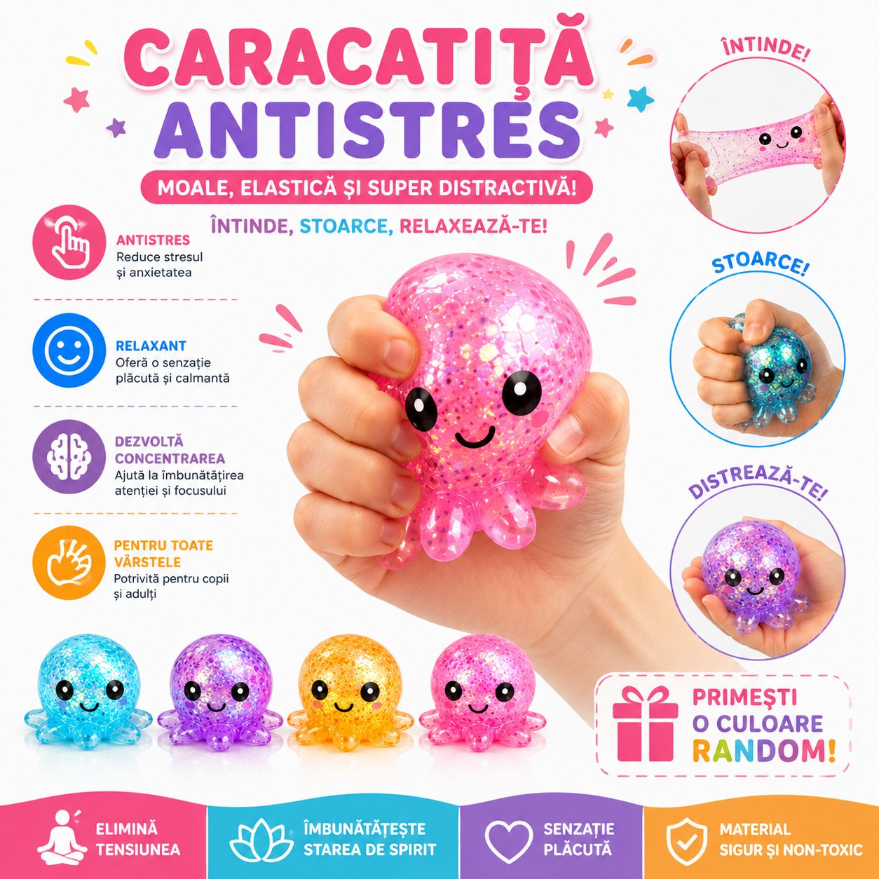 Jucarie Antistres Squishy, , Model Caracatita cu Sclipici, Textura Moale, 6 x 6 x 4.5 cm, 61 g, Diverse Modele 5