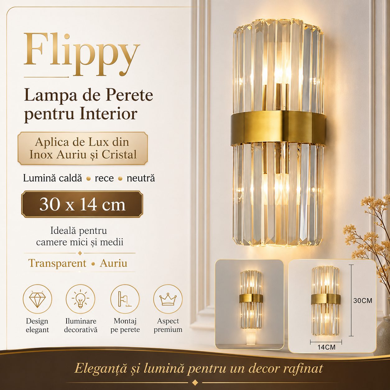 Lampa de Perete in Interior, , Lampa de Lux pentru Decor de Interior, Corp de Iluminat Tip aplica, din Inox Auriu si Cristal, Lumina Calda Rece Neutra, 30 x 14 cm, Ideal pentru Camere Mici si Medii, Transparent Auriu 2