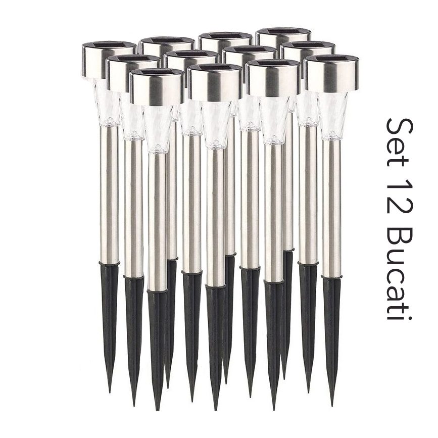 Lampa solara LED de Gradina, , Set 12 Bucati, Dispersor normal, putere 0.06W, Rezistenta IP 44, Lumina Alba Rece, 29 x 4.5 x 4.5 cm, Argintiu 2