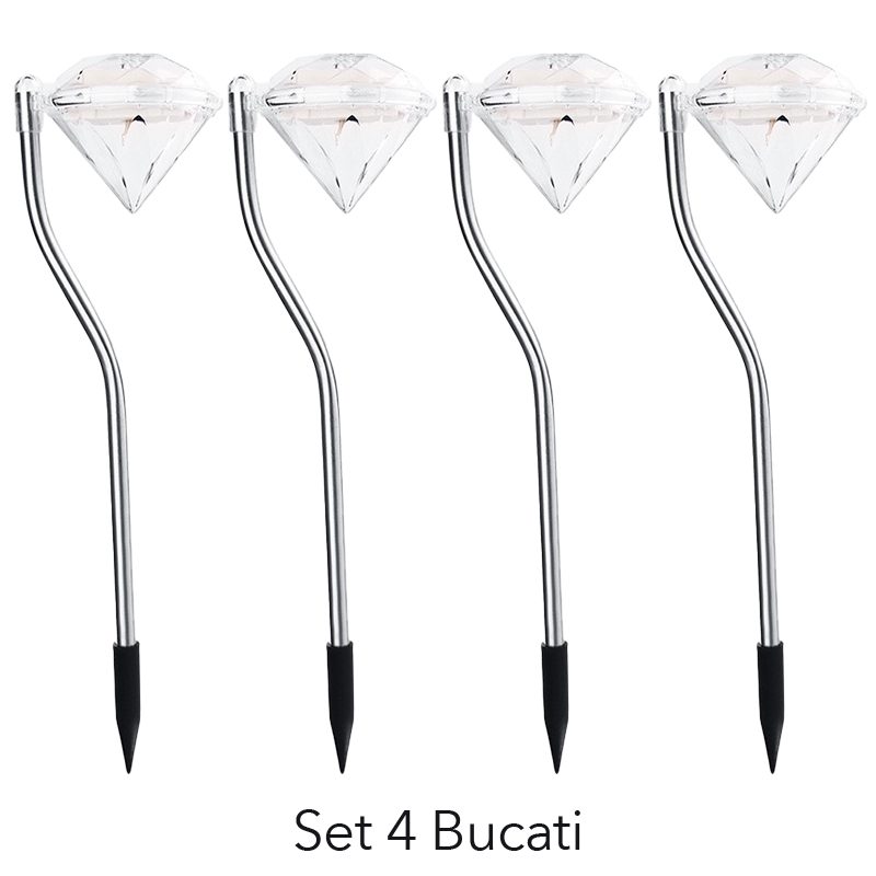 Lampa solara LED pentru Gradina, Flippy, Set 4 Bucati, Tip Diamant, Inaltime 30 x 9 cm, 2V, ABS, 600mAh, Lumina Multicolor, Argintiu